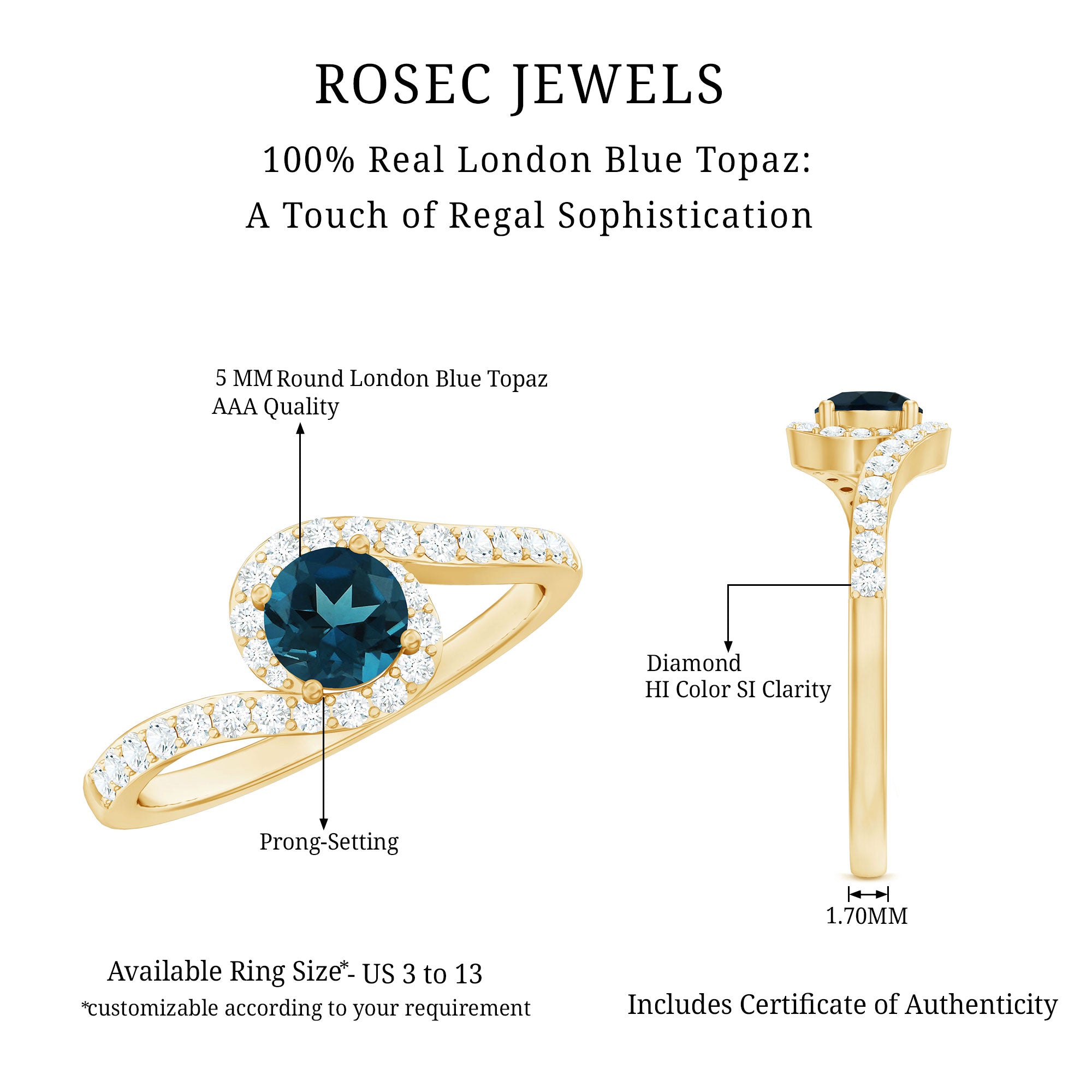London Blue Topaz Bypass Promise Ring with Diamond Halo AAA - Rosec Jewels