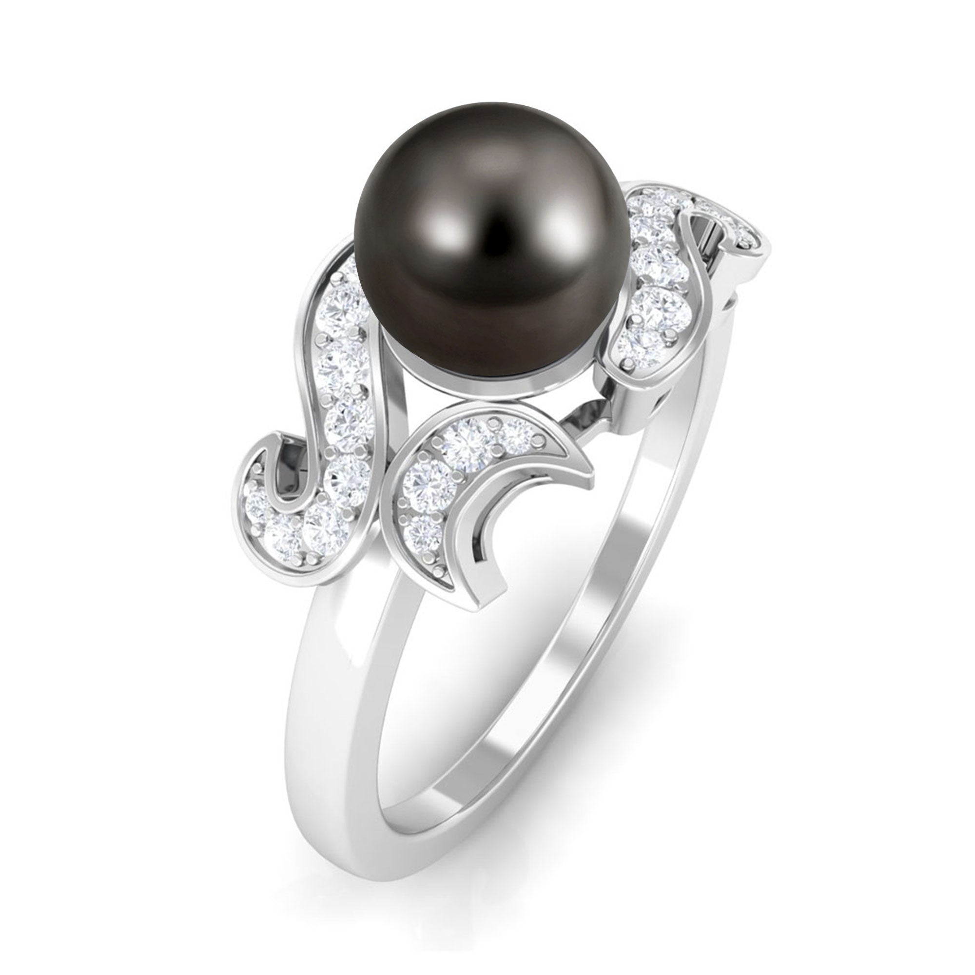 Designer Tahitian Pearl Engagement Ring with Diamond AAA - Rosec Jewels