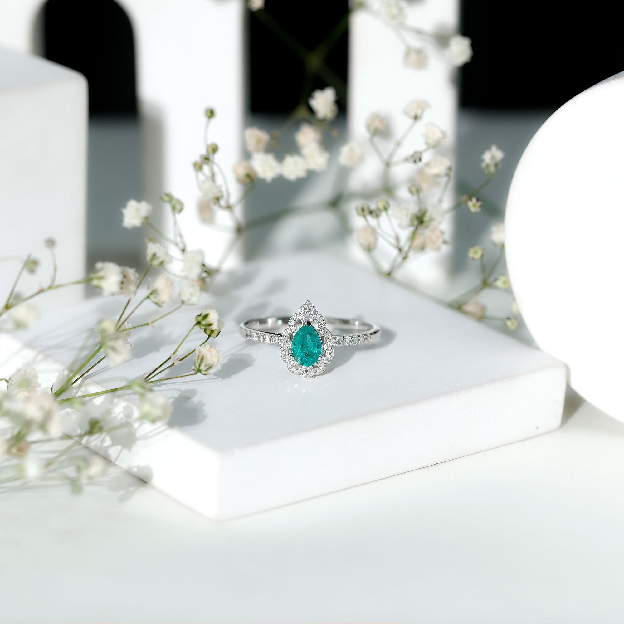 Rosec Jewels-Pear Shaped Emerald Nature Engagement Ring with Diamond