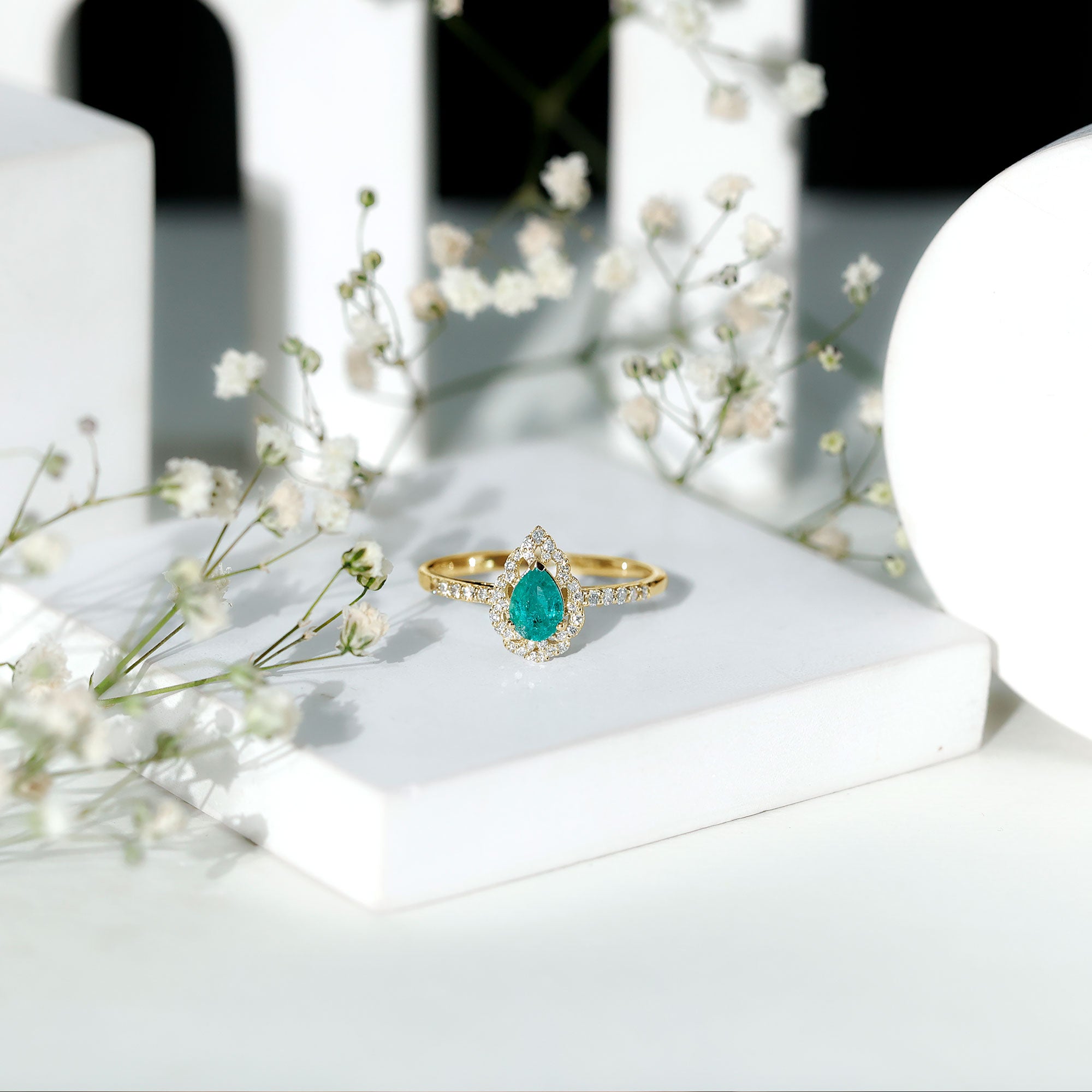 Rosec Jewels-Pear Shaped Emerald Nature Engagement Ring with Diamond