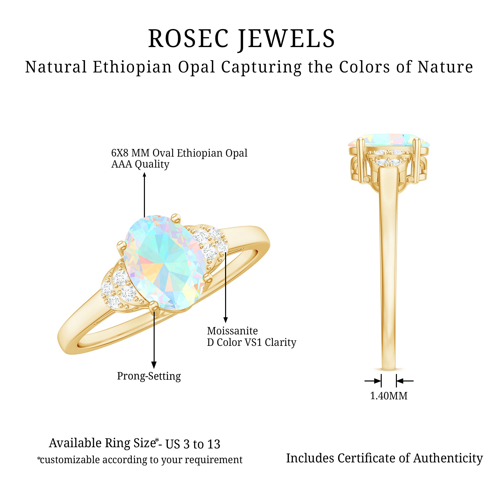 Classic 6X8 mm Ethiopian Opal Oval Engagement Ring AAA - Rosec Jewels
