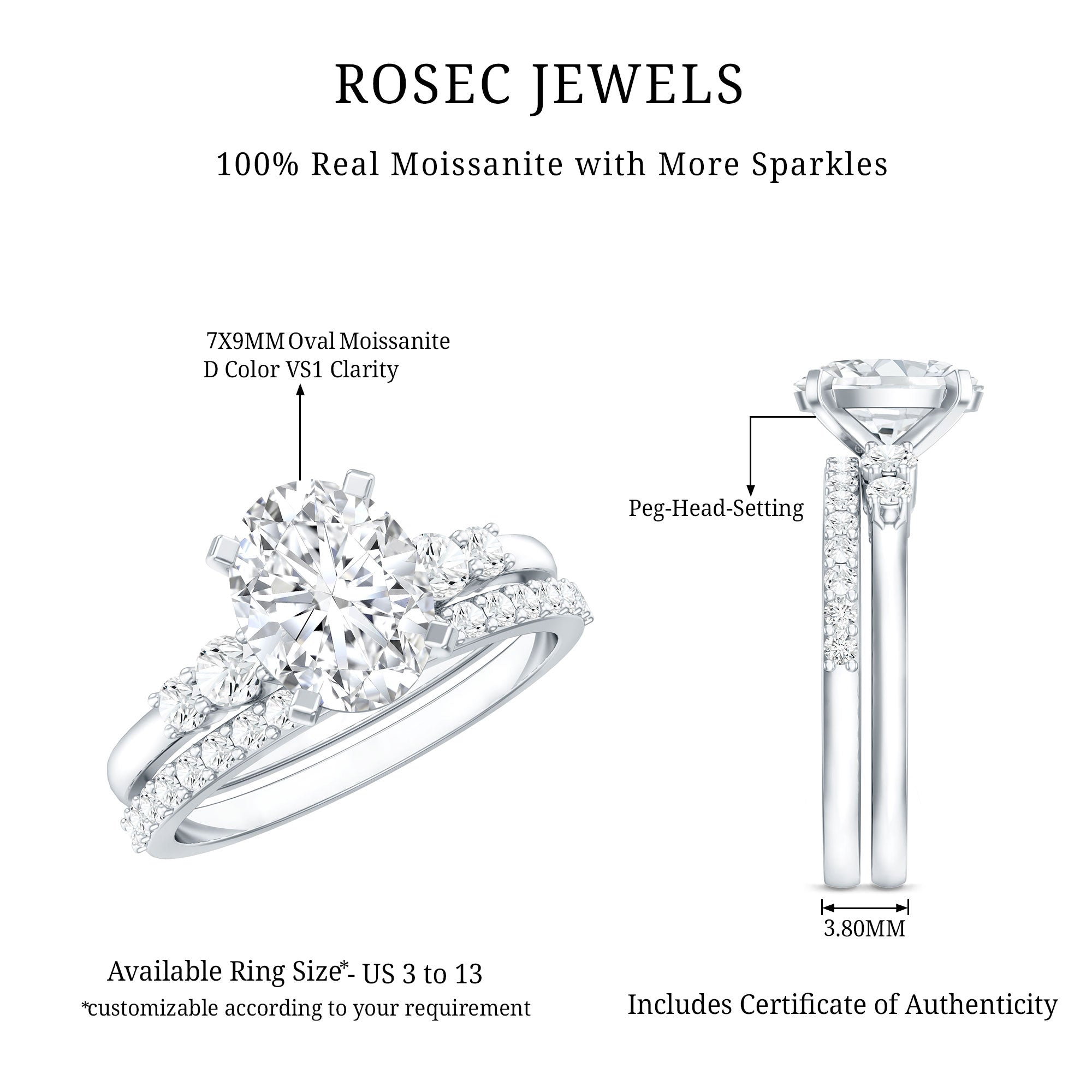 Certified Oval Cut Moissanite Engagement Ring with Wedding Band Set D-VS1 - Rosec Jewels