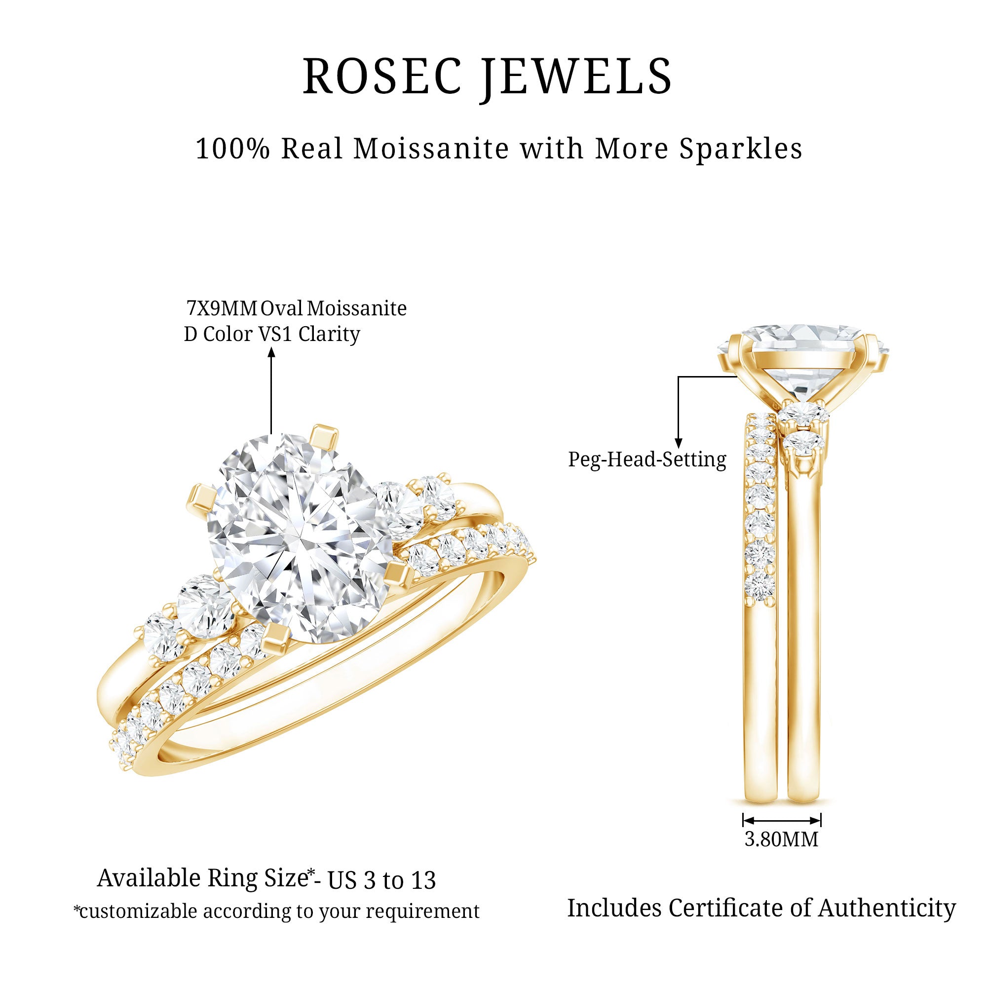 Certified Oval Cut Moissanite Engagement Ring with Wedding Band Set D-VS1 - Rosec Jewels