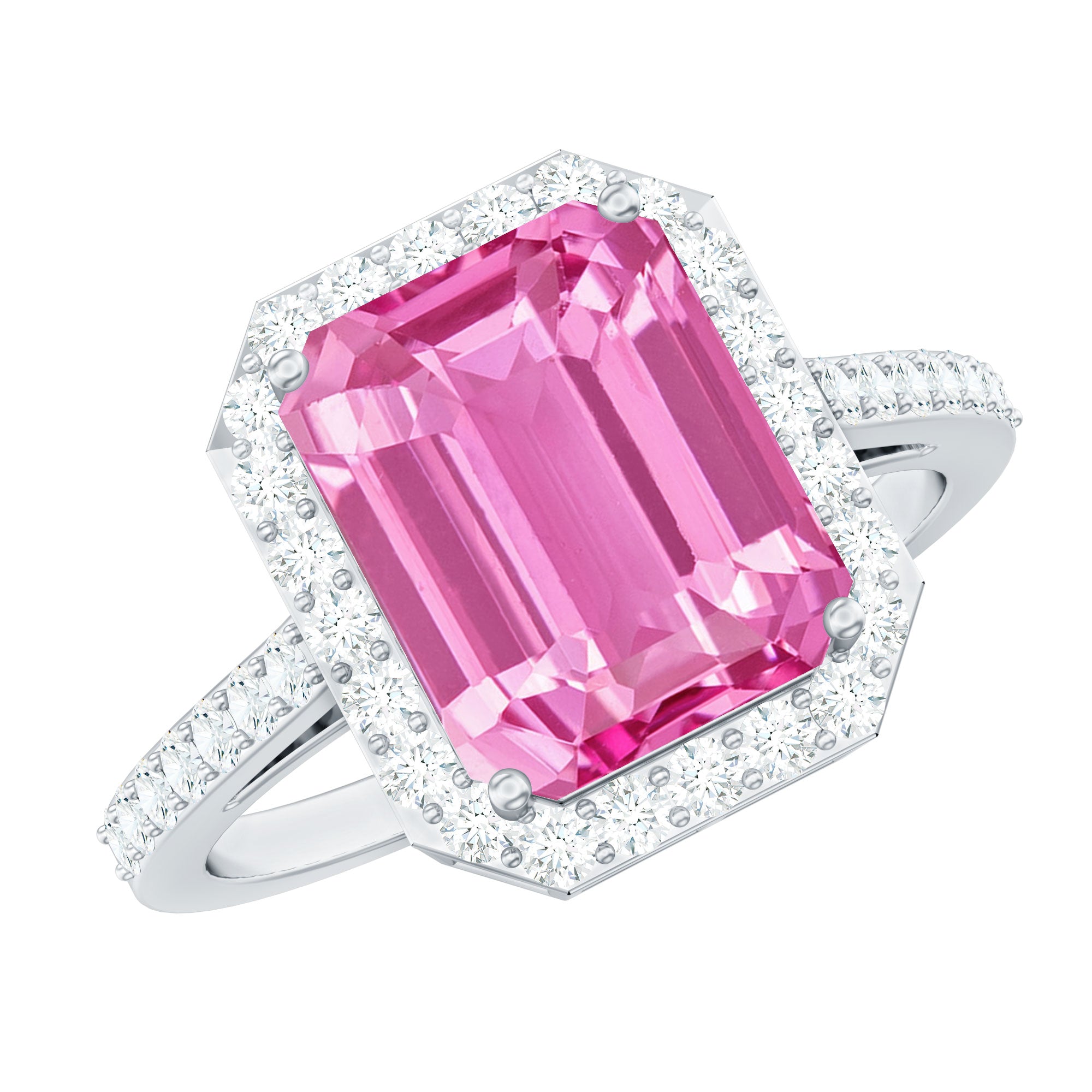 Rosec Jewels-Certified 8X10mm Lab Grown Pink Sapphire Emerald Cut Engagement Ring with Halo