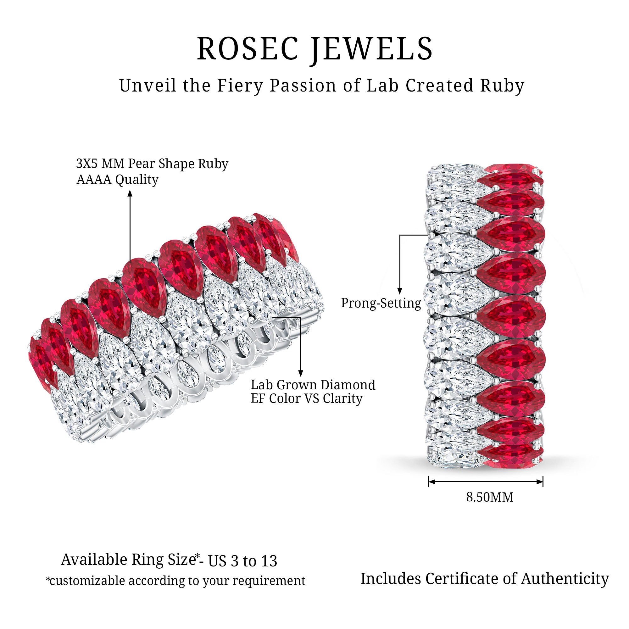 Pear Lab Grown Ruby and Diamond Wedding Anniversary Band AAAA - Rosec Jewels