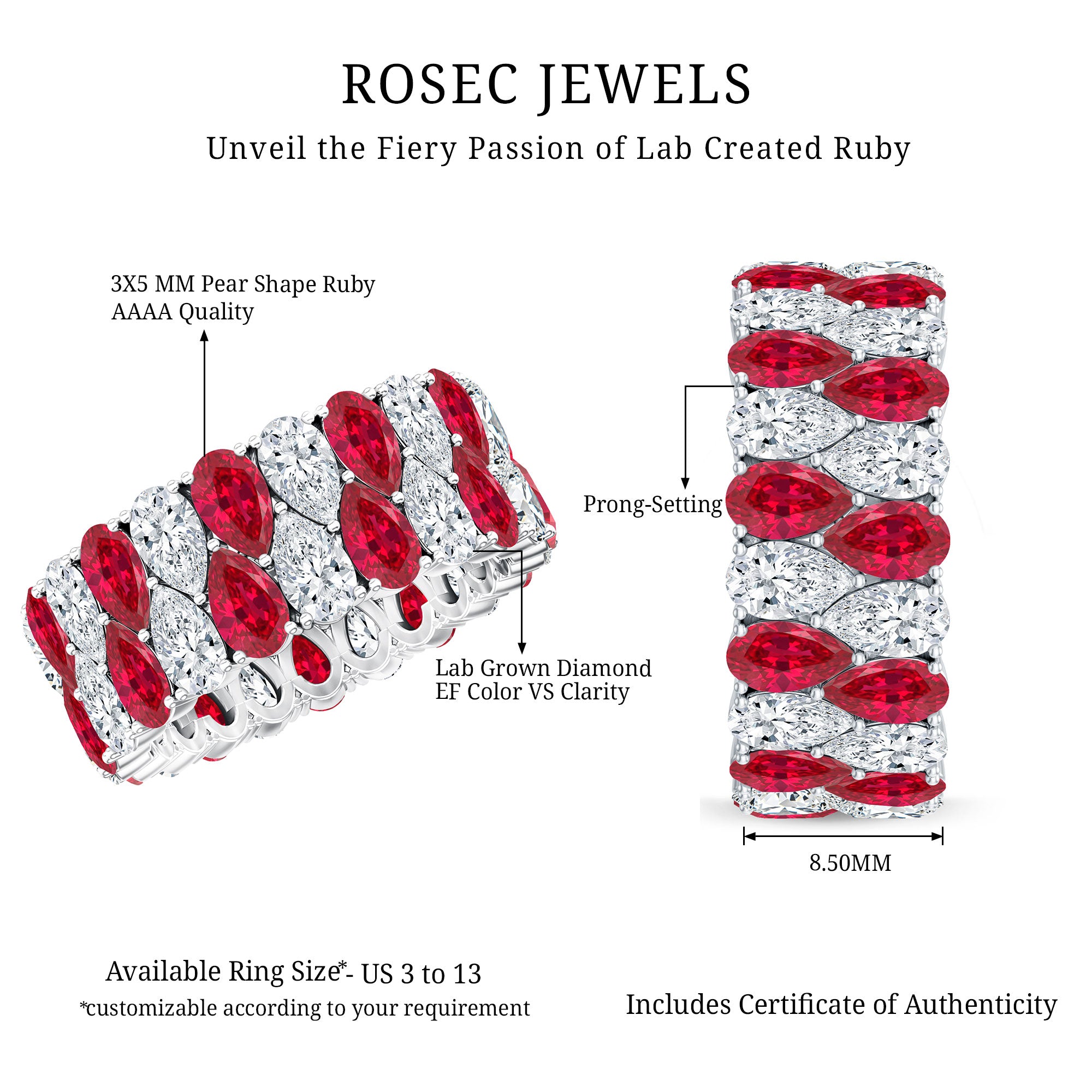 Wide Lab Grown Ruby and Diamond Eternity Band for Women AAAA - Rosec Jewels
