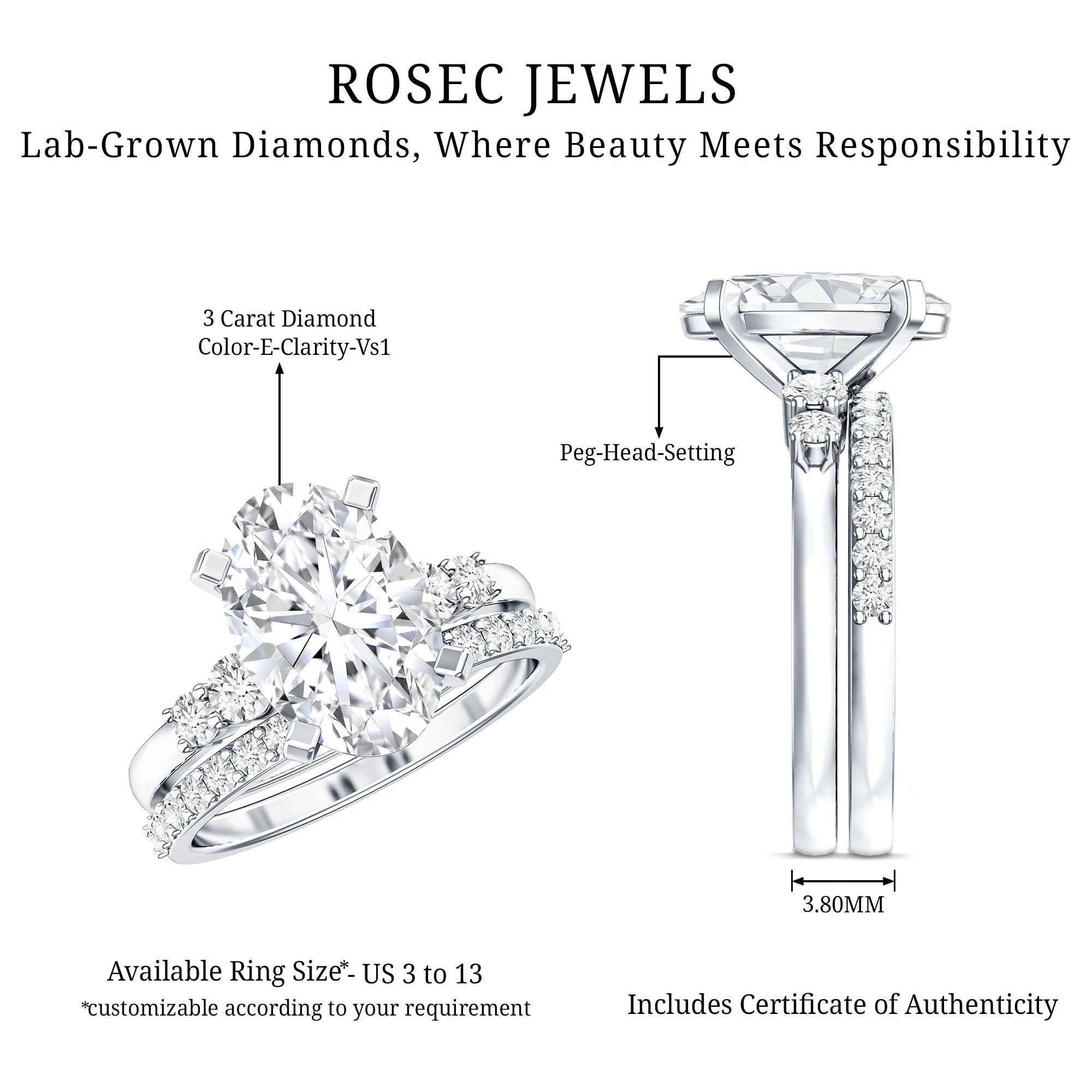 IGI Certified 3 Carat Oval Lab Grown Diamond Marriage Ring Set for Women Lab - ( E-VS1 ) - Rosec Jewels