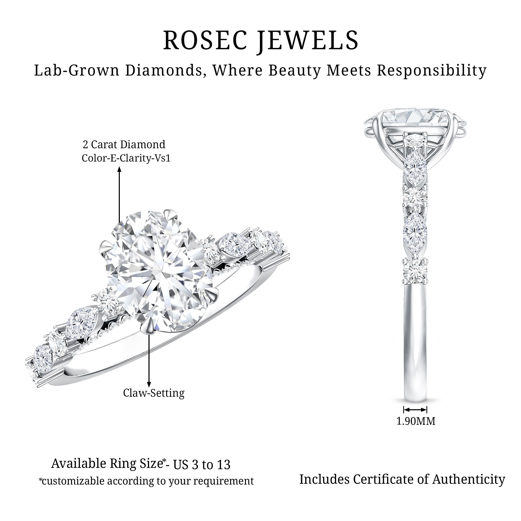 2 Carat Oval Lab Grown Diamond Engagement Ring with IGI Certificate Lab - ( E-VS1 ) - Rosec Jewels