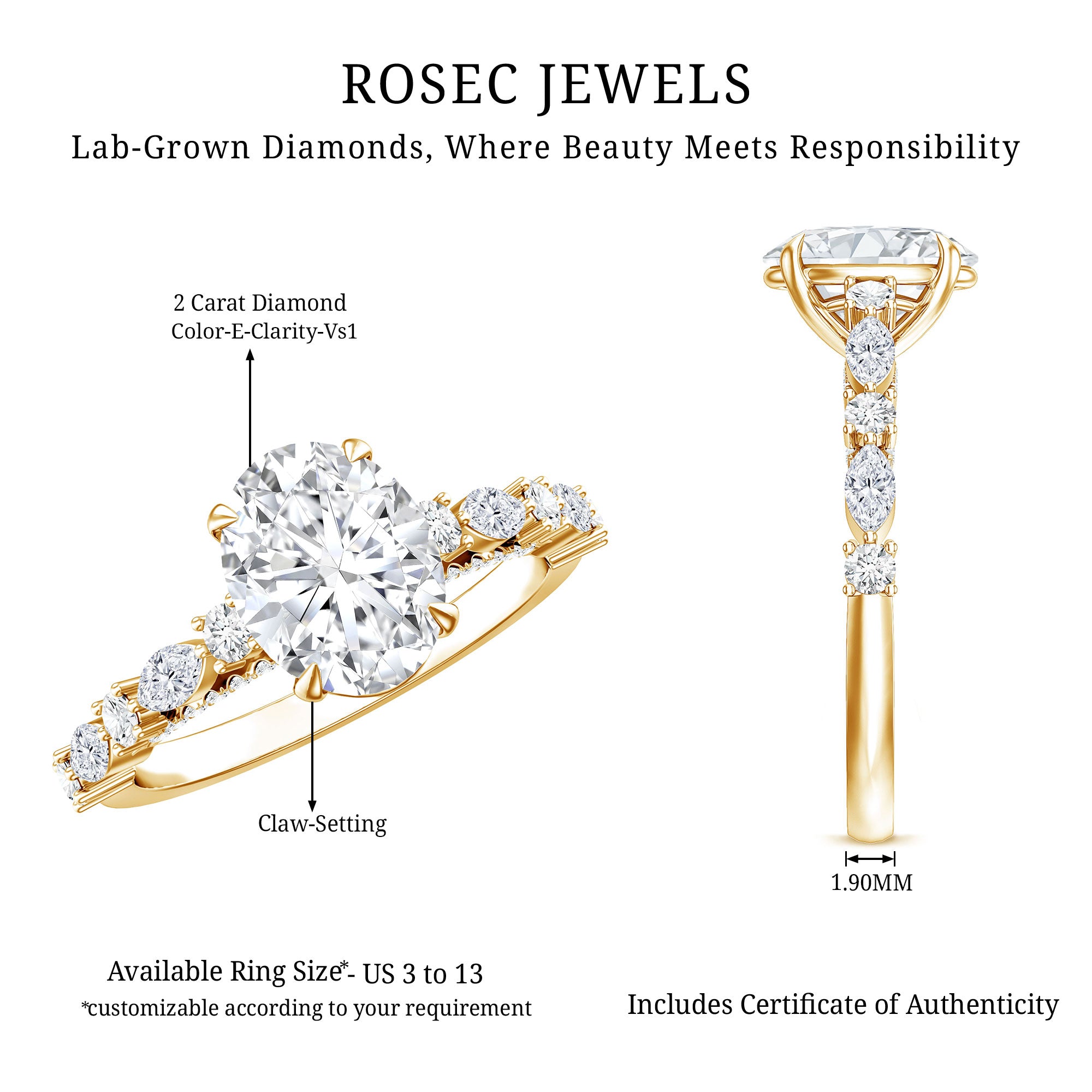 2 Carat Oval Lab Grown Diamond Engagement Ring with IGI Certificate Lab - ( E-VS1 ) - Rosec Jewels