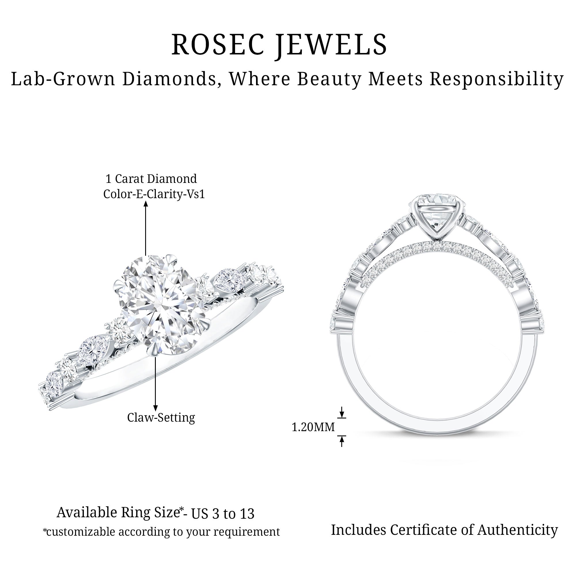 1.2 Carat IGI Certified Oval Cut Lab Grown Diamond Solitaire Engagement Ring Lab - ( E-VS1 ) - Rosec Jewels
