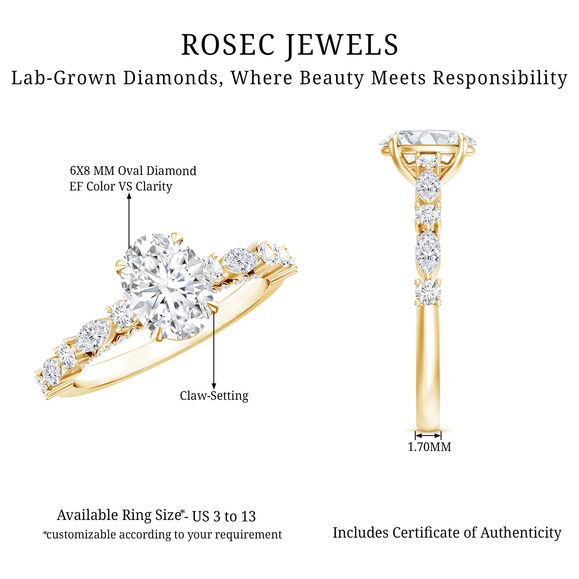 1.2 Carat IGI Certified Oval Cut Lab Grown Diamond Solitaire Engagement Ring Lab - ( E-VS1 ) - Rosec Jewels