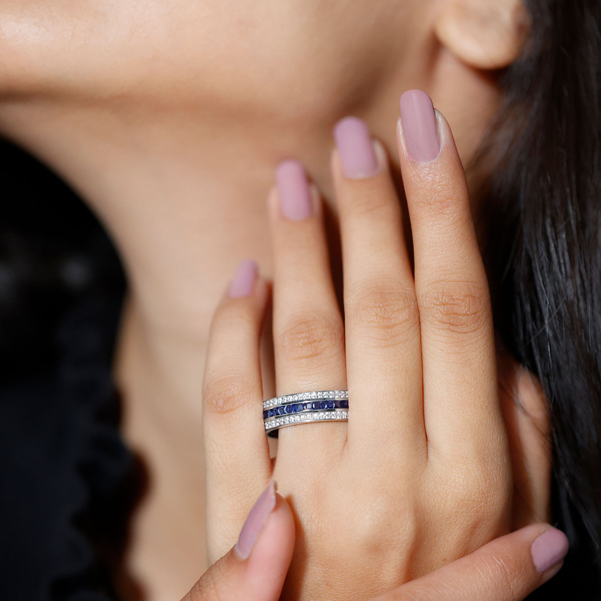 Certified Lab Grown Blue Sapphire 3 Row Wedding Band AAAA - Rosec Jewels
