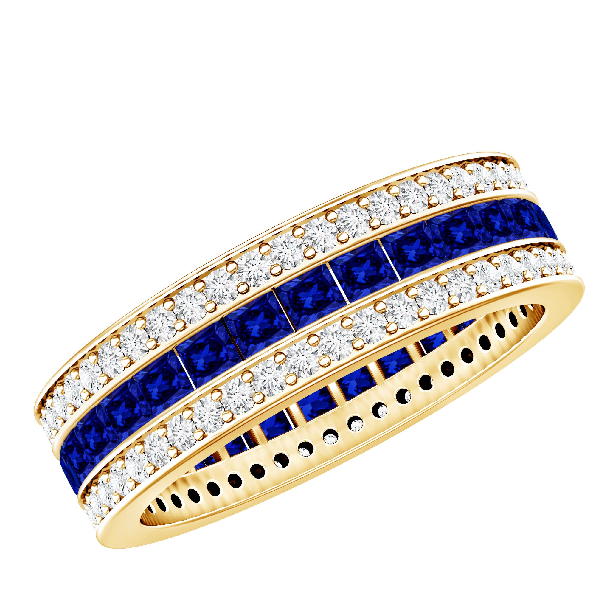 Certified Lab Grown Blue Sapphire 3 Row Wedding Band AAAA - Rosec Jewels