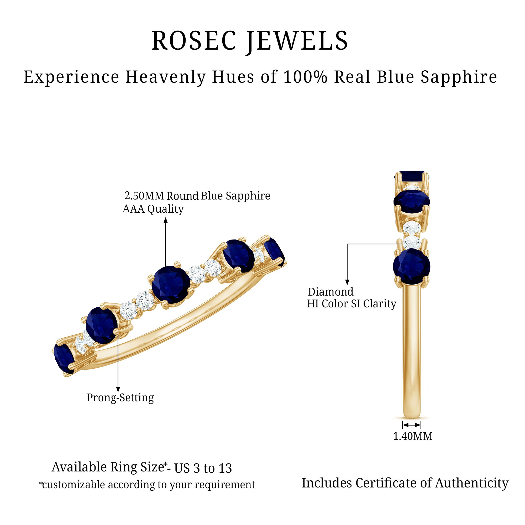 Rosec Jewels-Round Blue Sapphire and Diamond Half Eternity Ring