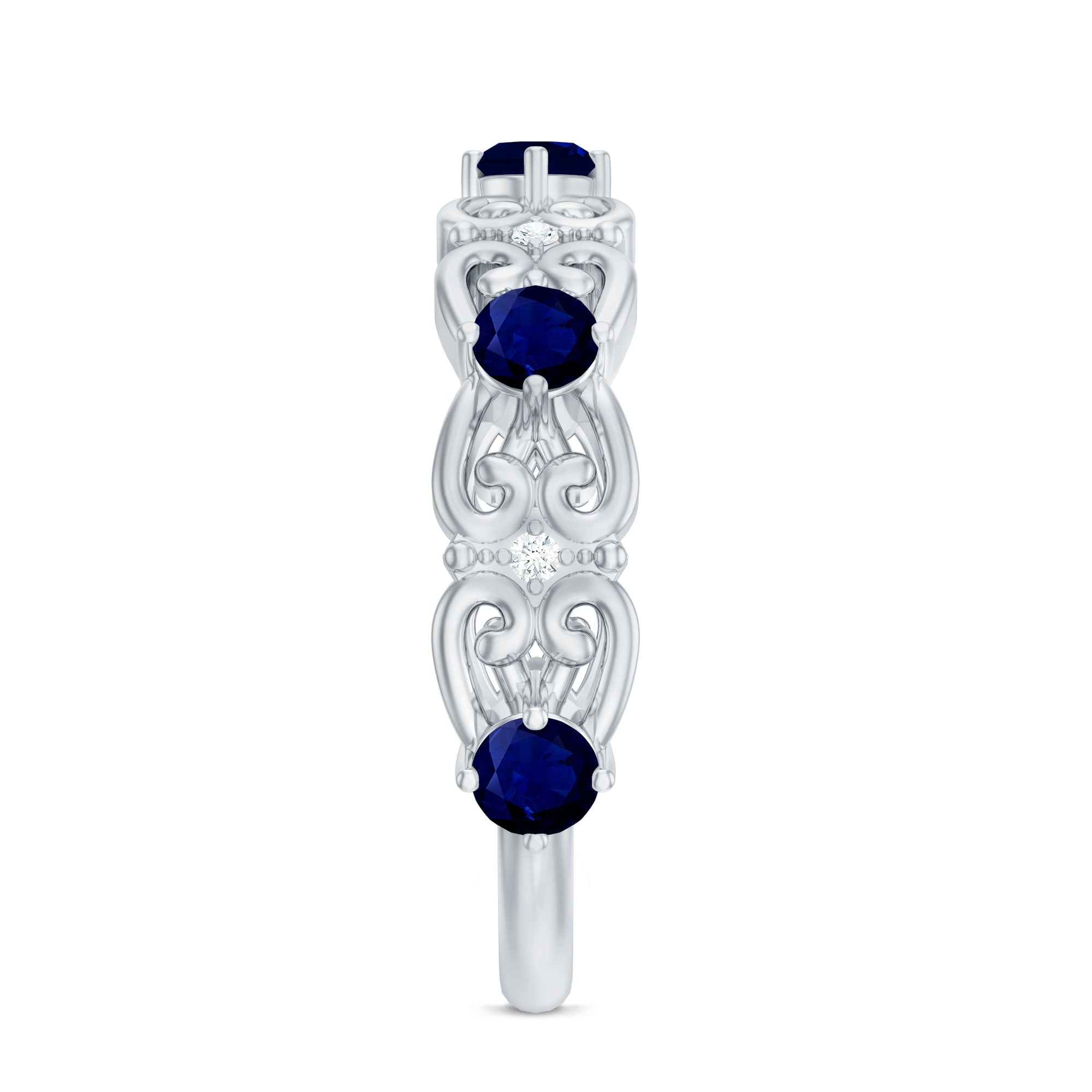 Blue Sapphire and Diamond Vintage Half Eternity Wedding Band AAA - Rosec Jewels
