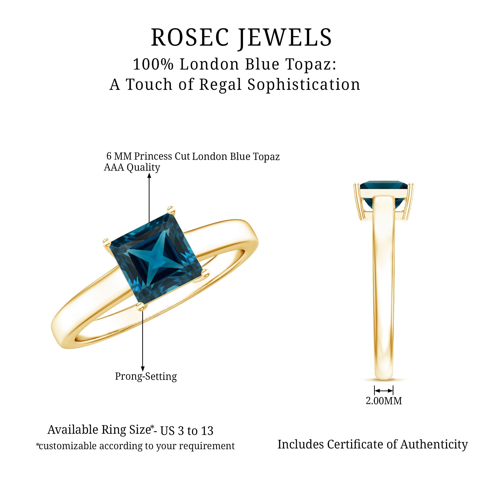 1 Carat Princess Cut London Blue Topaz Solitaire Ring AAA - Rosec Jewels