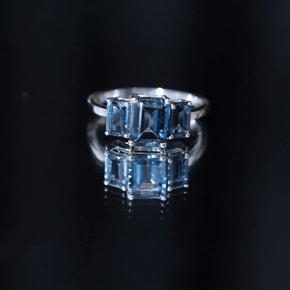 Emerald Cut London Blue Topaz Three Stone Engagement Ring AAA - Rosec Jewels