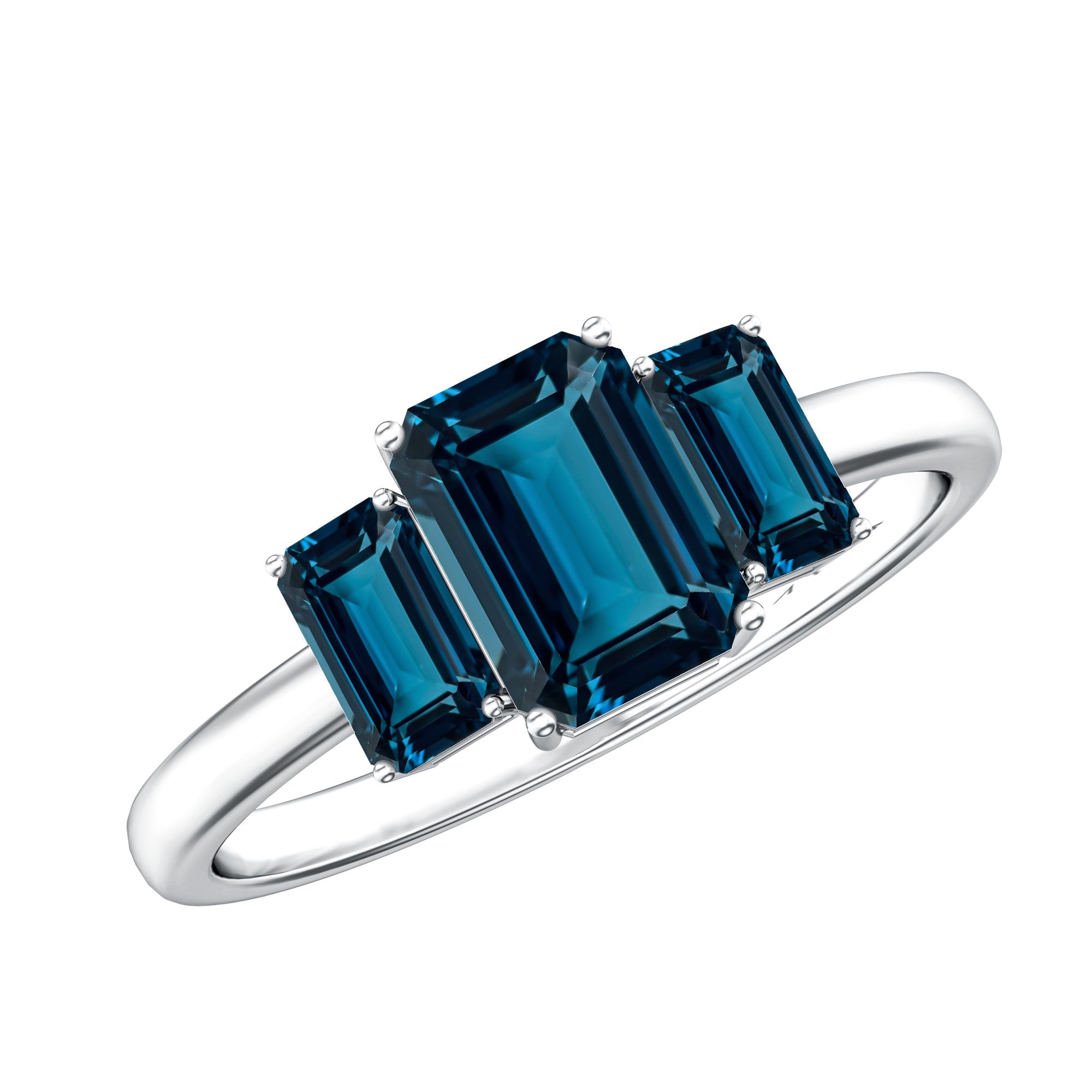 Emerald Cut London Blue Topaz Three Stone Engagement Ring AAA - Rosec Jewels