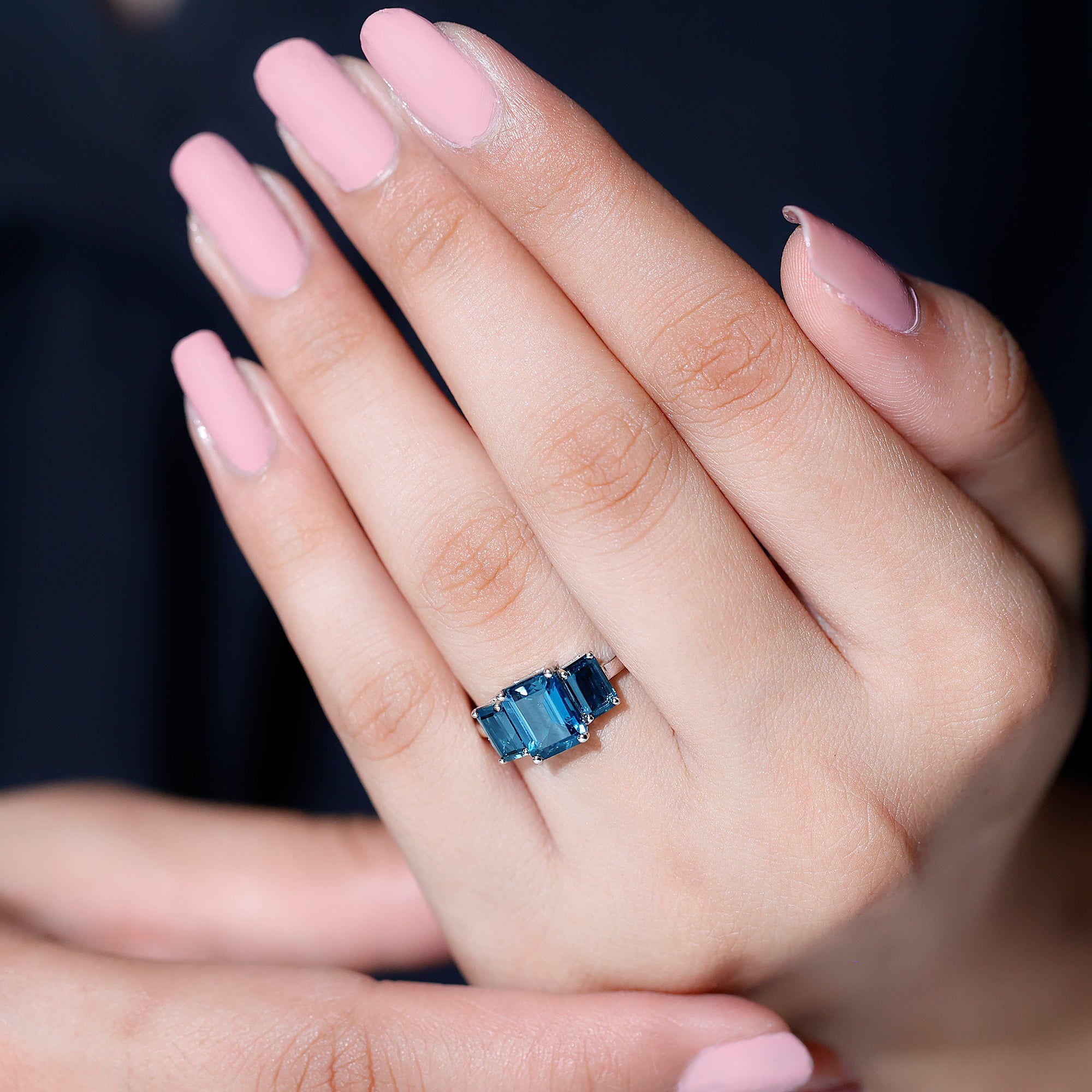 Emerald Cut London Blue Topaz Three Stone Engagement Ring AAA - Rosec Jewels