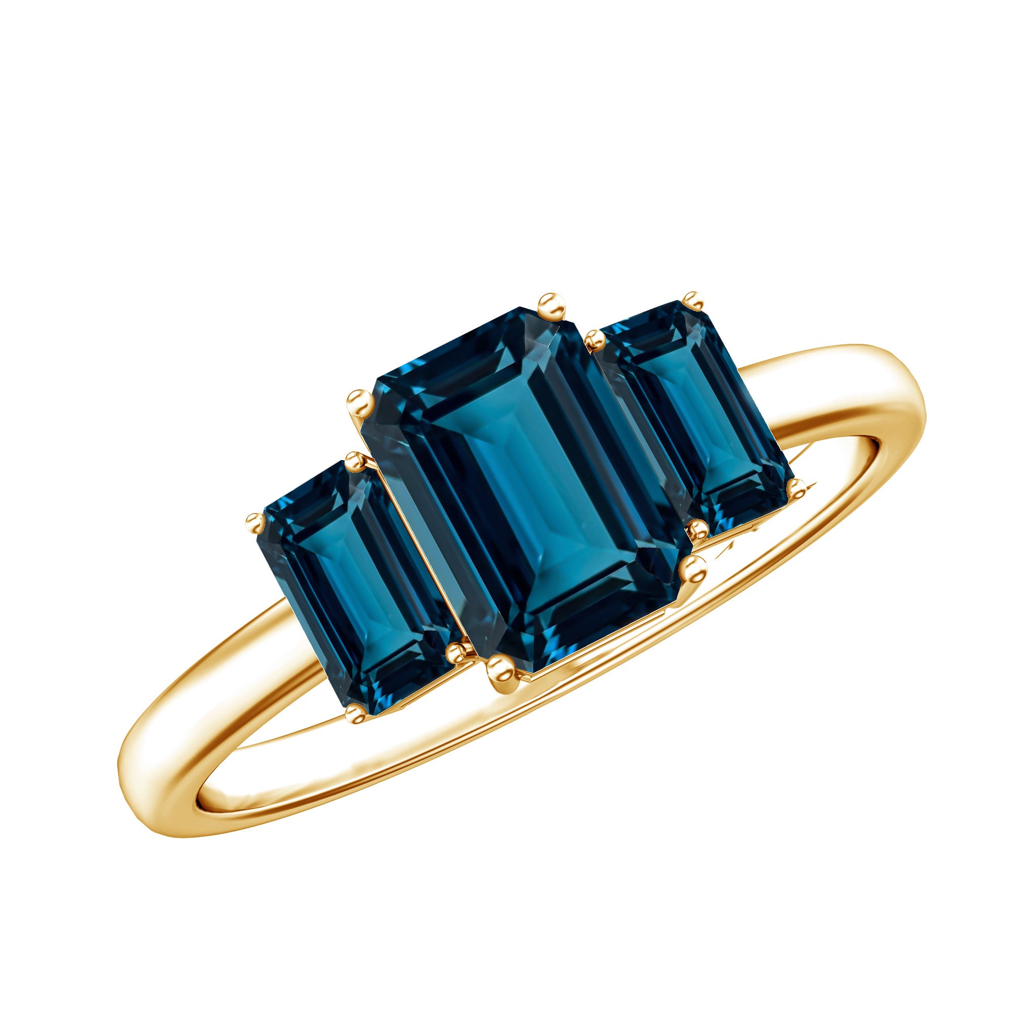 Emerald Cut London Blue Topaz Three Stone Engagement Ring AAA - Rosec Jewels