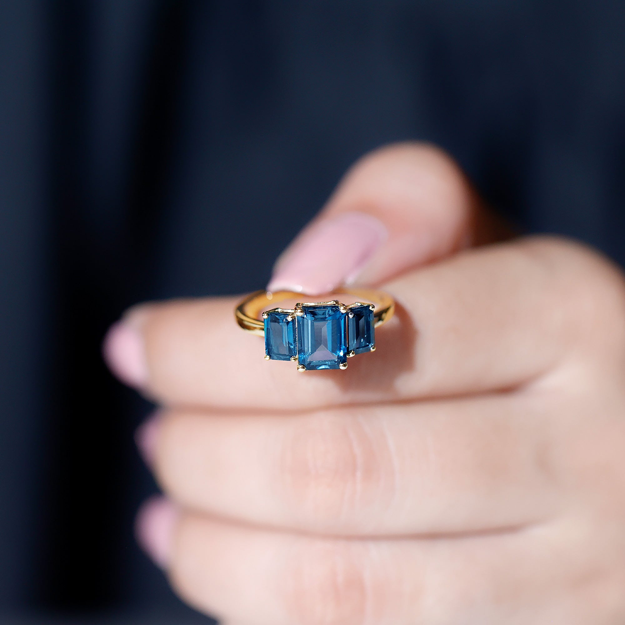 Emerald Cut London Blue Topaz Three Stone Engagement Ring AAA - Rosec Jewels