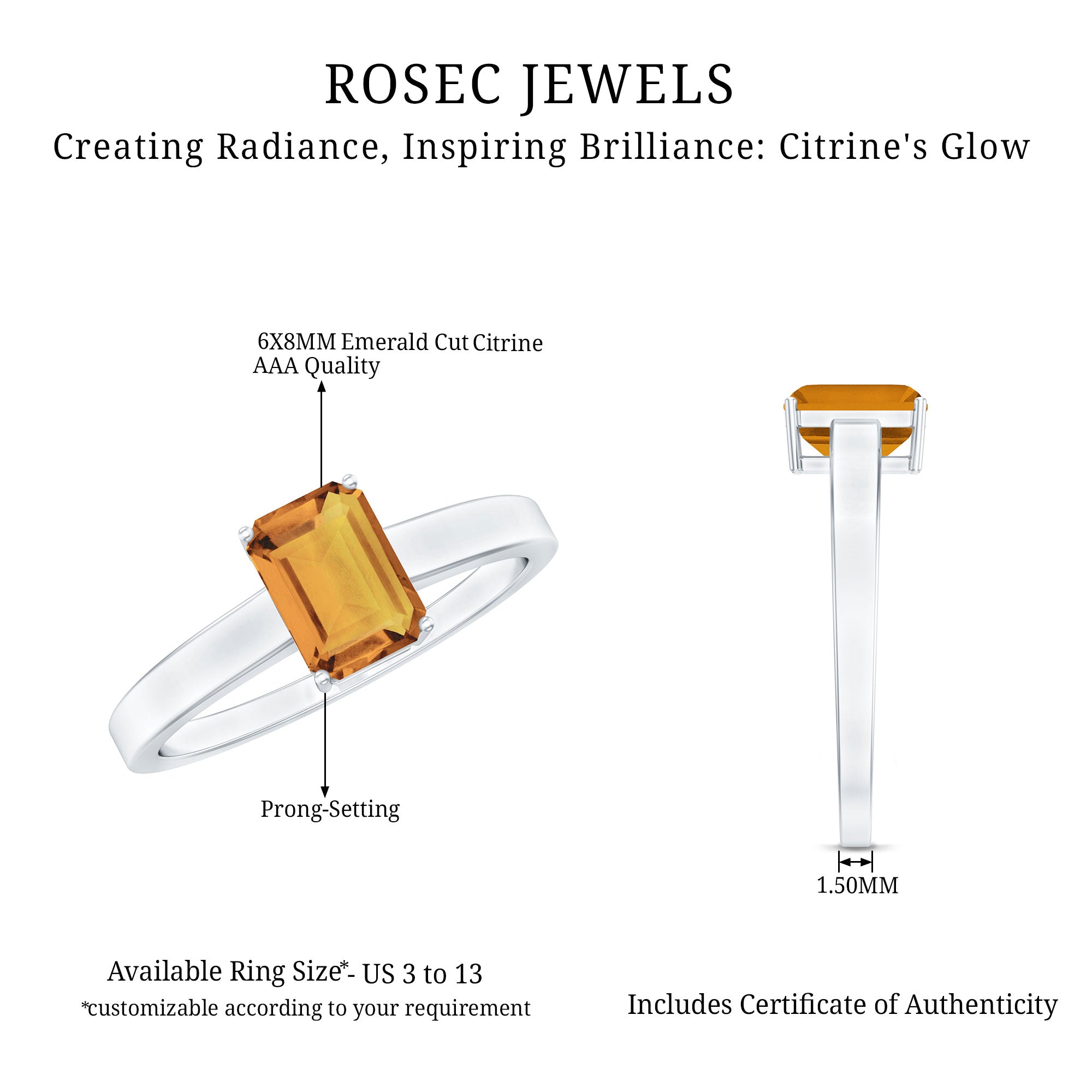 Natural 6X8mm Citrine Solitaire Emerald Cut Engagement Ring AAA - Rosec Jewels