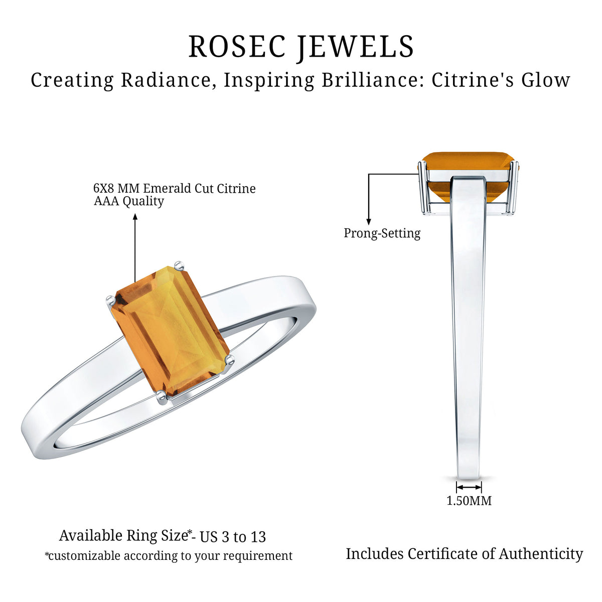 1.8 Carat Natural Citrine Solitaire Emerald Cut Engagement Ring AAA - Rosec Jewels