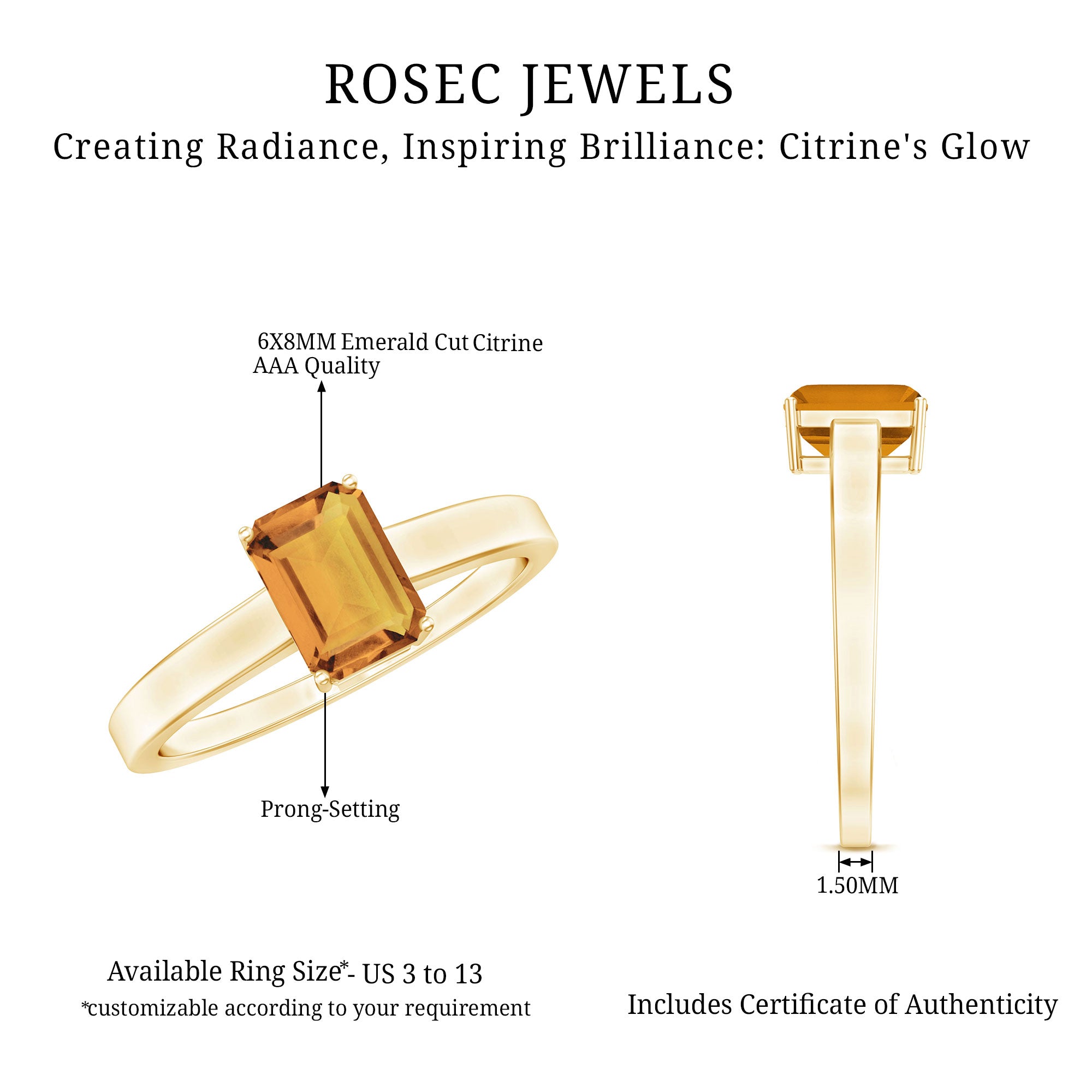 Natural 6X8mm Citrine Solitaire Emerald Cut Engagement Ring AAA - Rosec Jewels