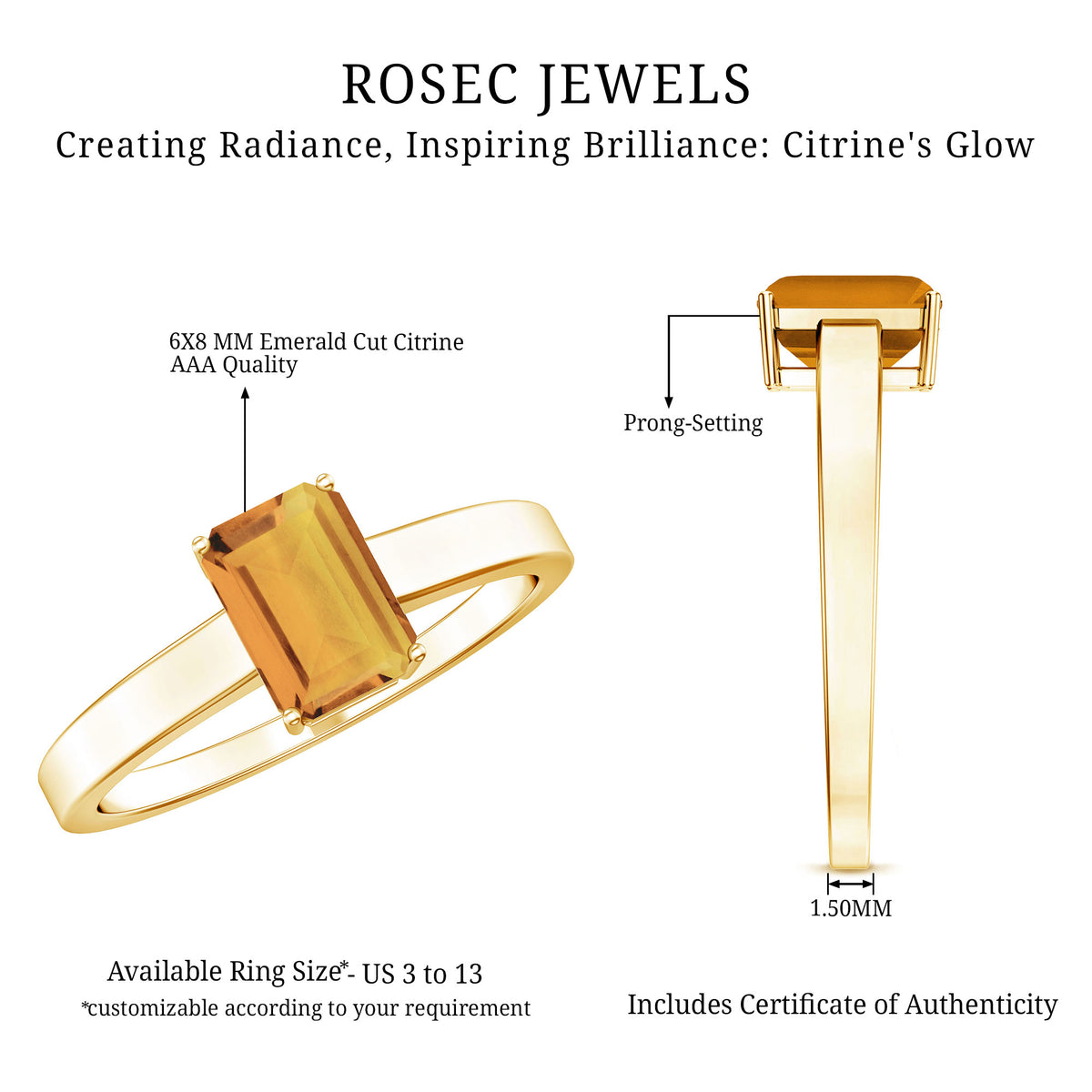 1.8 Carat Natural Citrine Solitaire Emerald Cut Engagement Ring AAA - Rosec Jewels