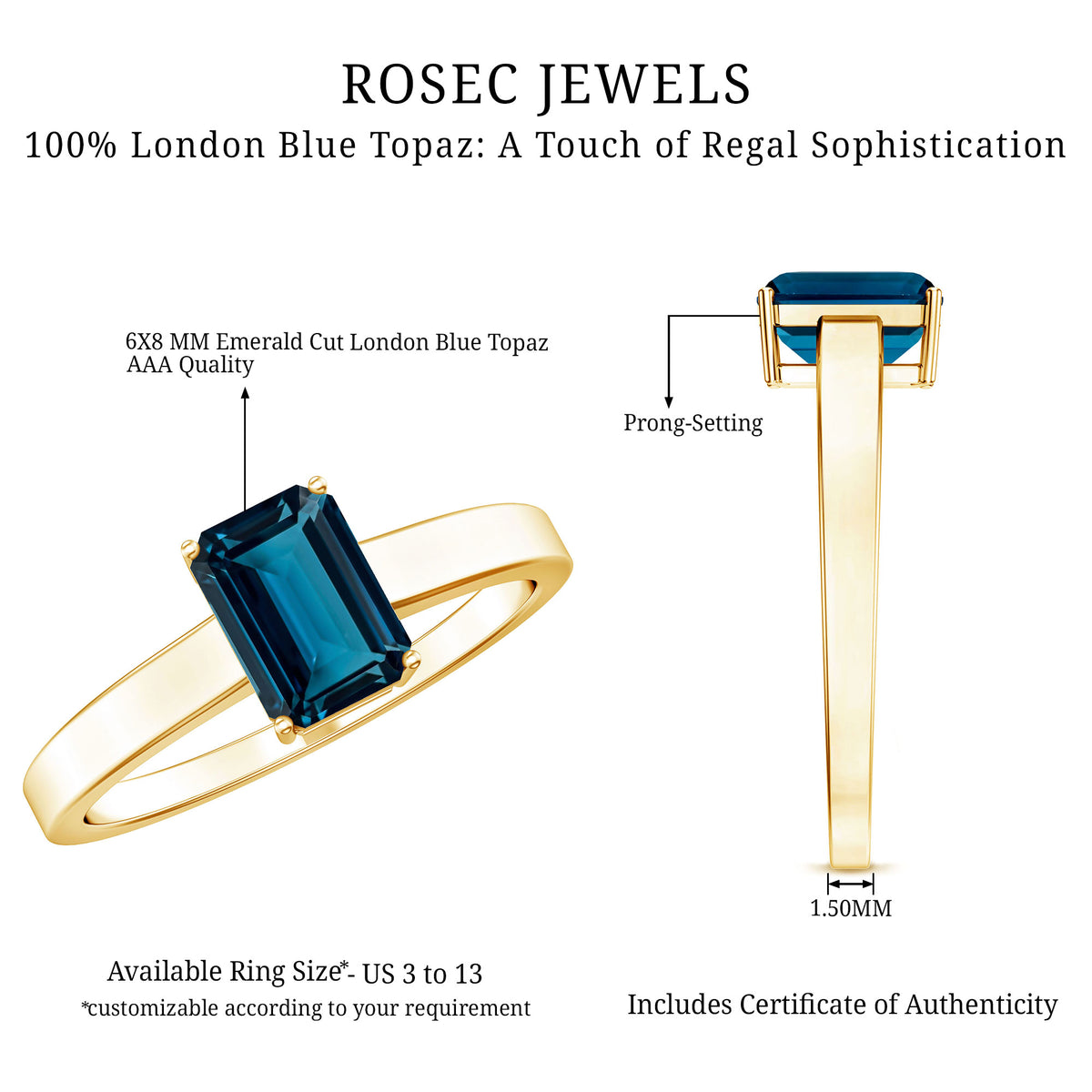 2.2 Carat Emerald Cut London Blue Topaz Solitaire Ring with Certificate AAA - Rosec Jewels