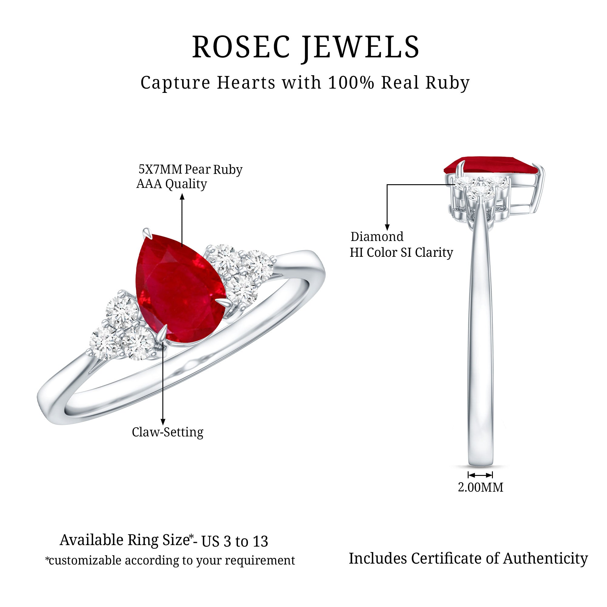 Natural 0.8 Carat Ruby Pear Shaped Engagement Ring with Diamond AAA - Rosec Jewels