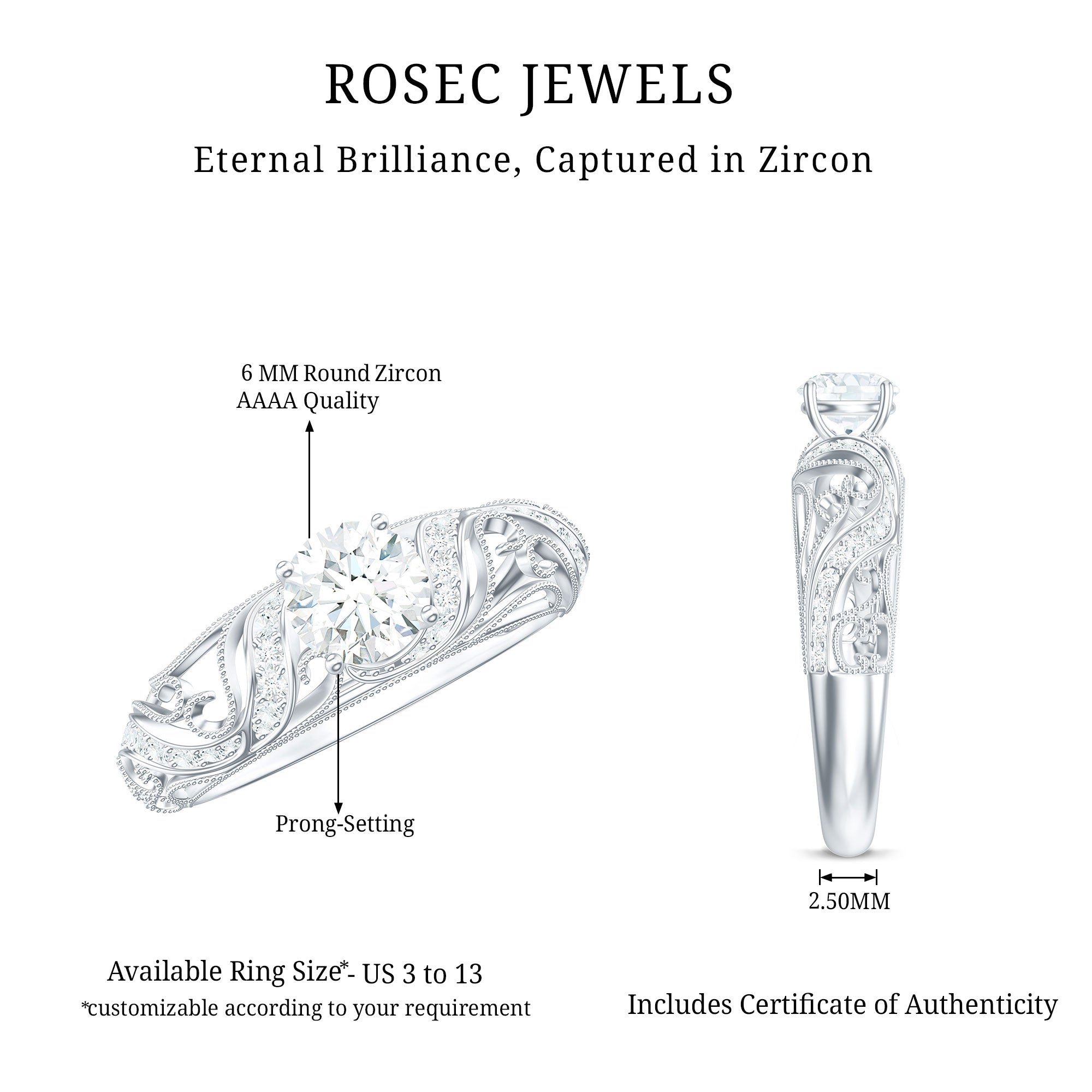 3/4 CT Cubic Zirconia Vintage Inspired Engagement Ring AAAA - Rosec Jewels