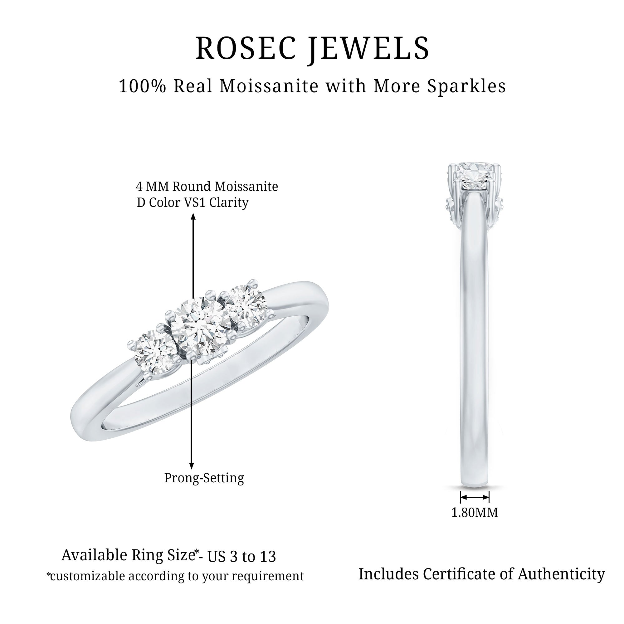 Brilliant Cut Moissanite 3 Stone Promise Ring for Women D-VS1 - Rosec Jewels