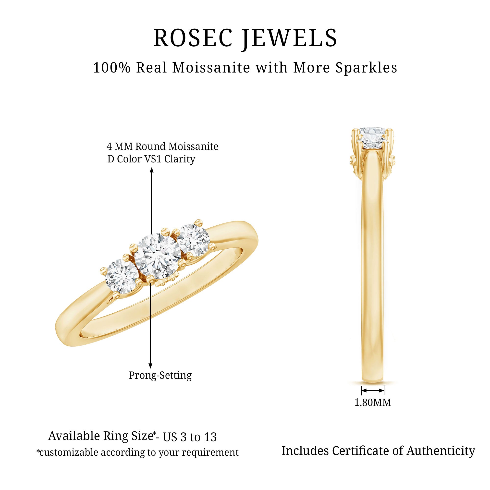 Brilliant Cut Moissanite 3 Stone Promise Ring for Women D-VS1 - Rosec Jewels