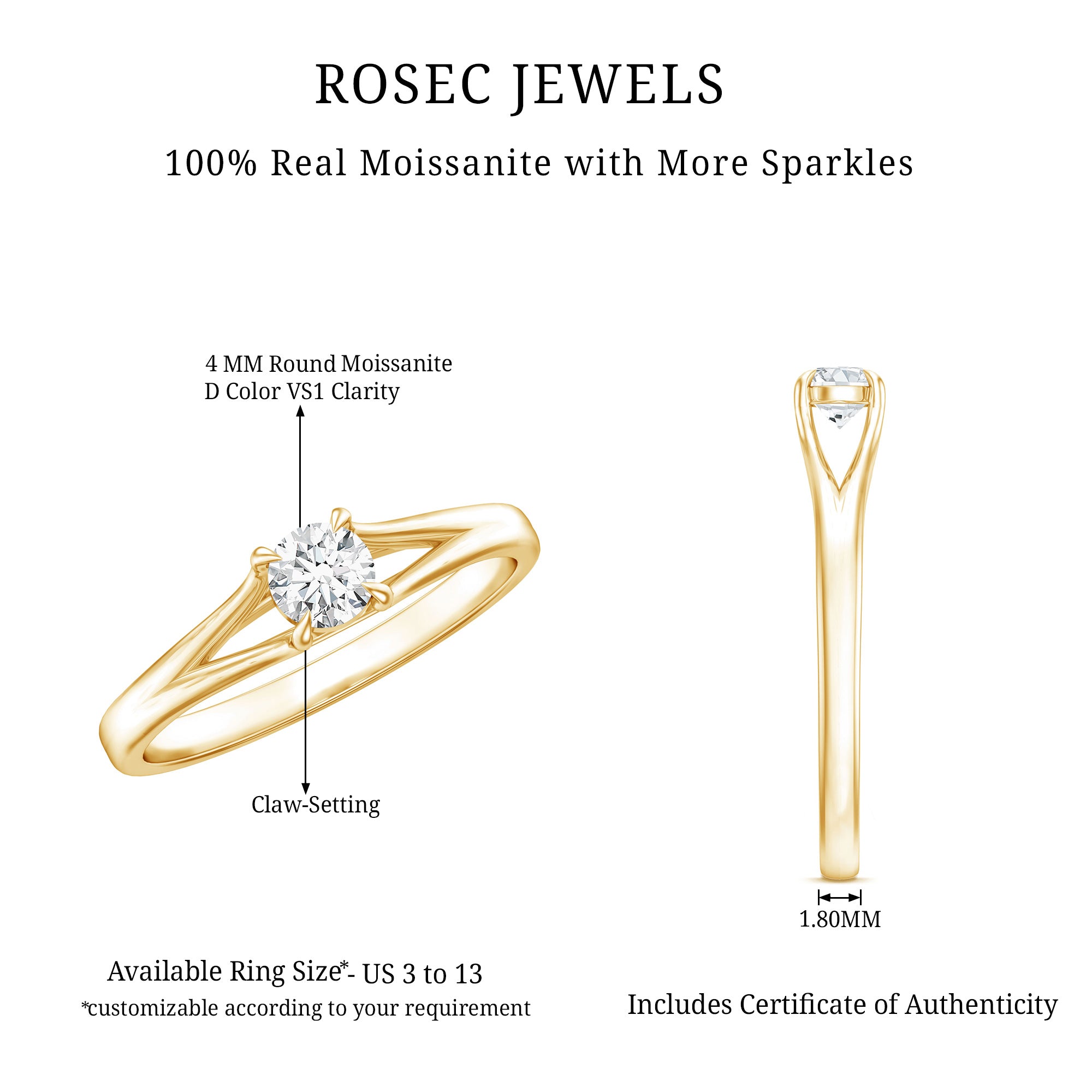 Promise Ring with Moissanite in Claw Setting D-VS1 - Rosec Jewels