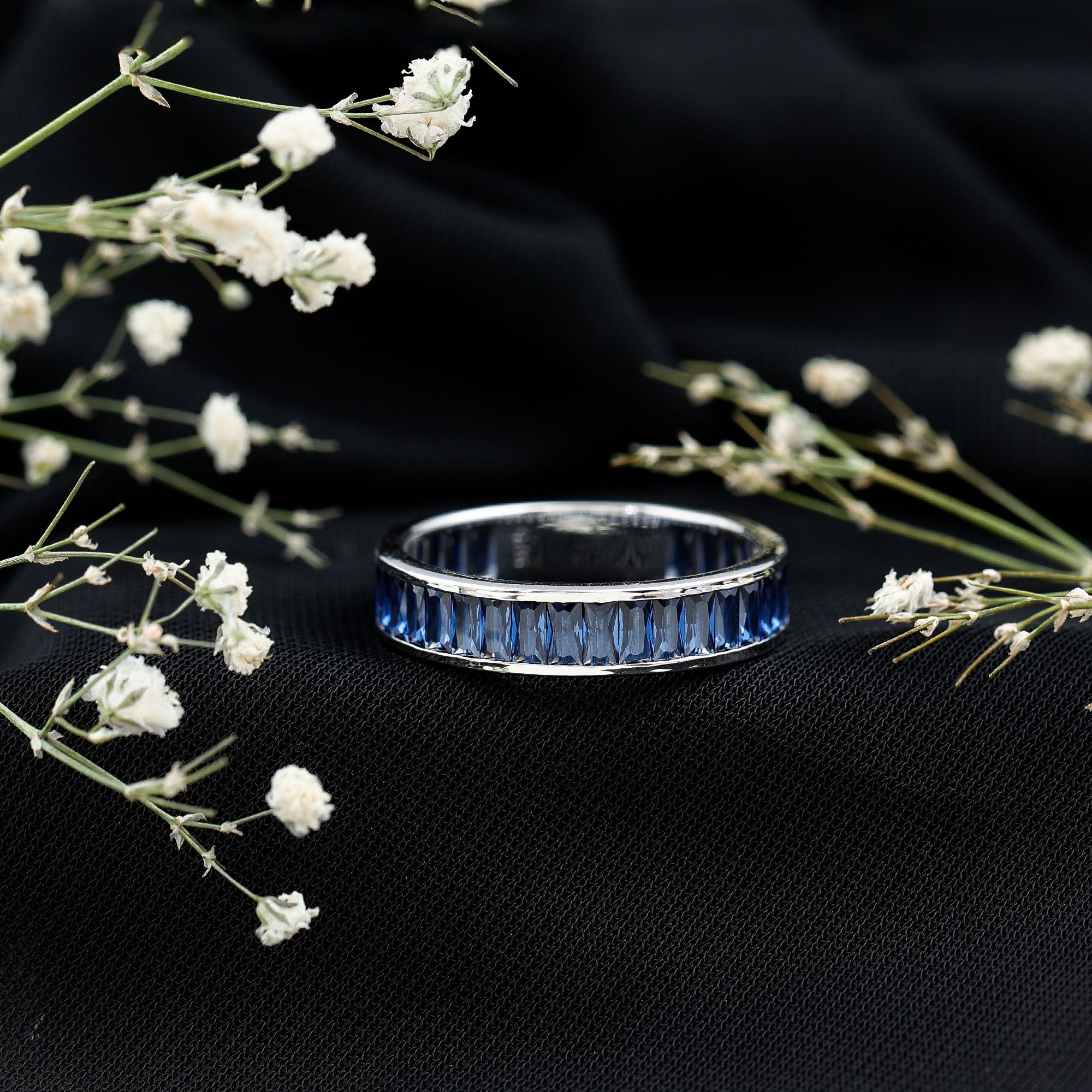 Baguette Shape Lab Created Blue Sapphire Channel Set Eternity Band AAAA - Rosec Jewels