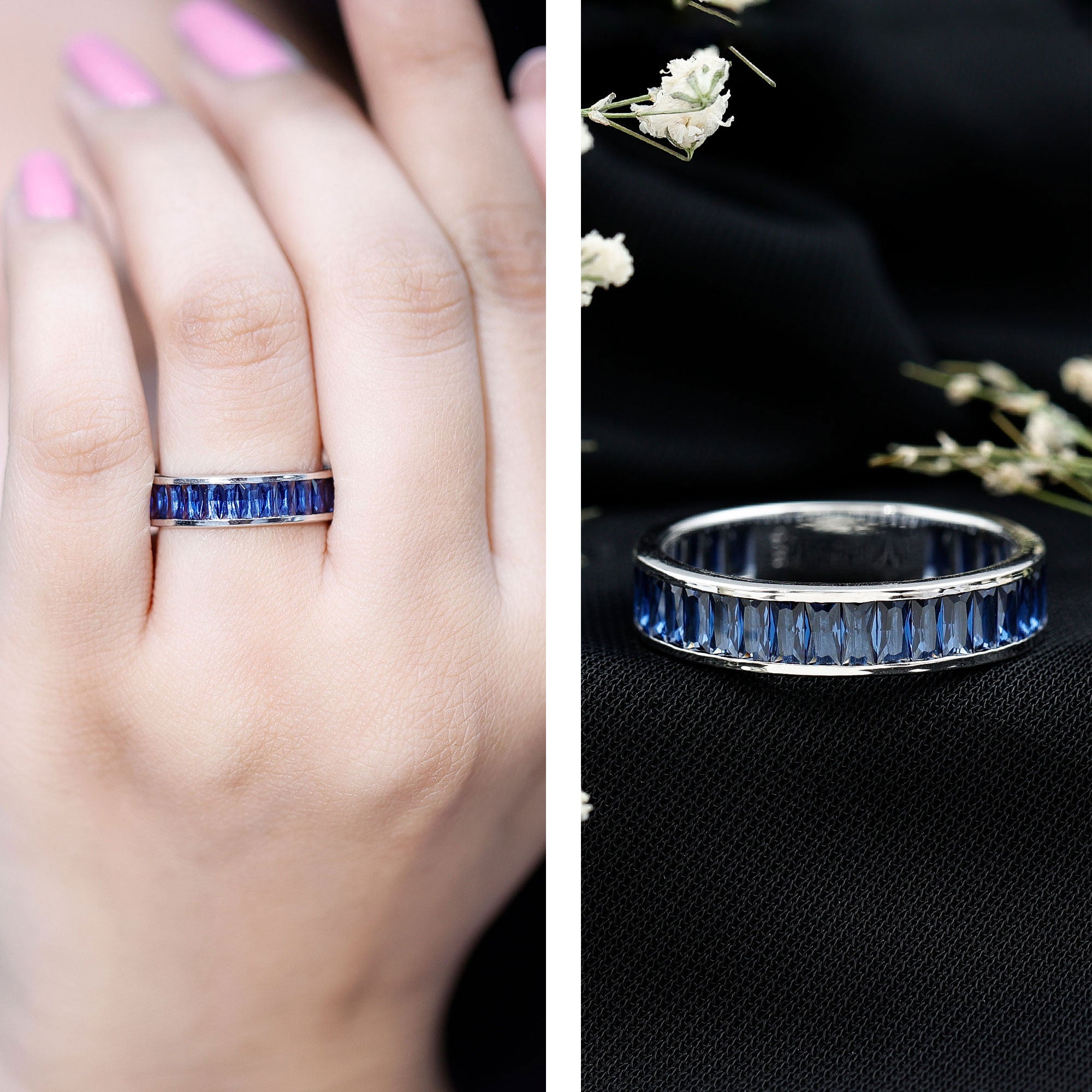 Baguette Shape Lab Created Blue Sapphire Channel Set Eternity Band AAAA - Rosec Jewels