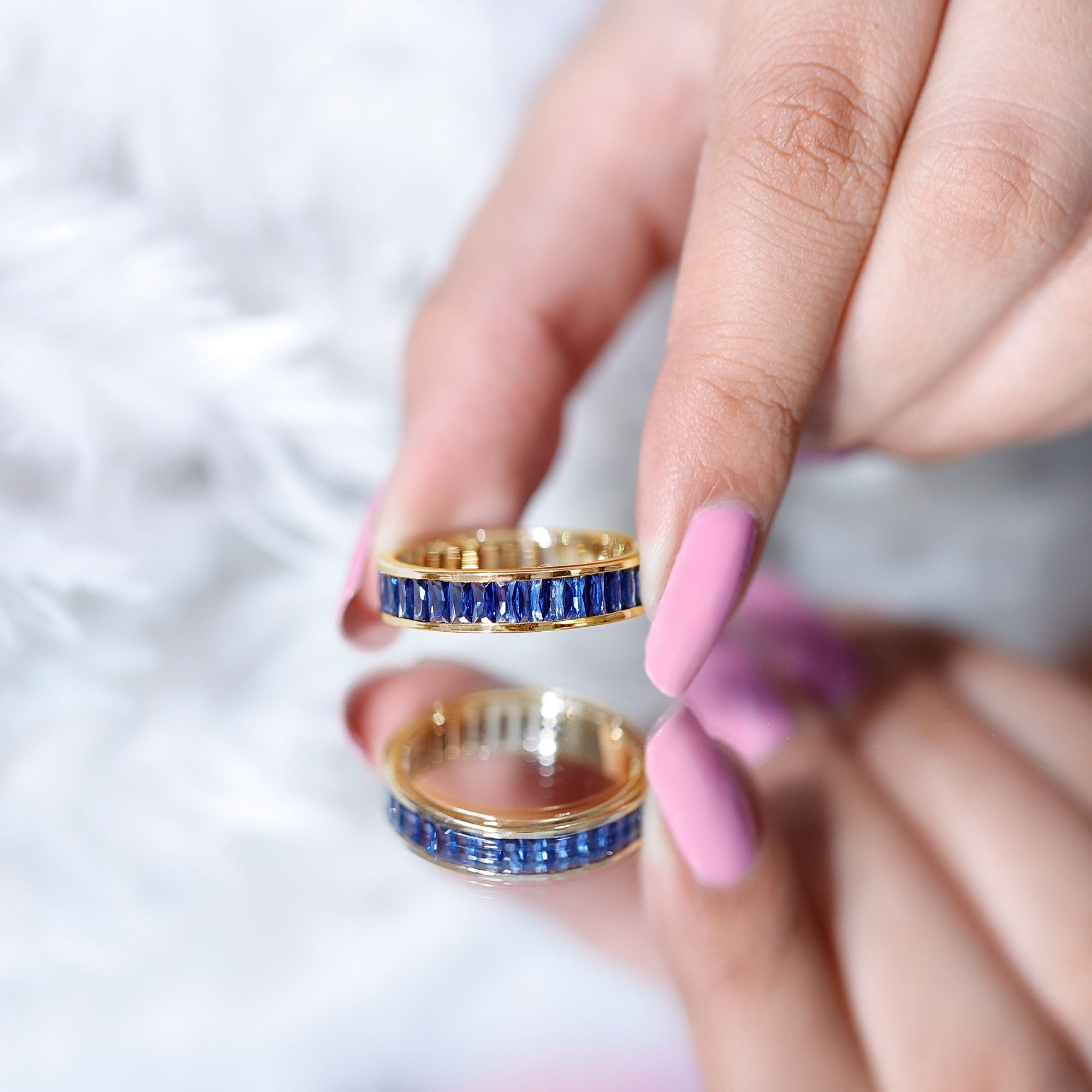 Baguette Shape Lab Created Blue Sapphire Channel Set Eternity Band AAAA - Rosec Jewels