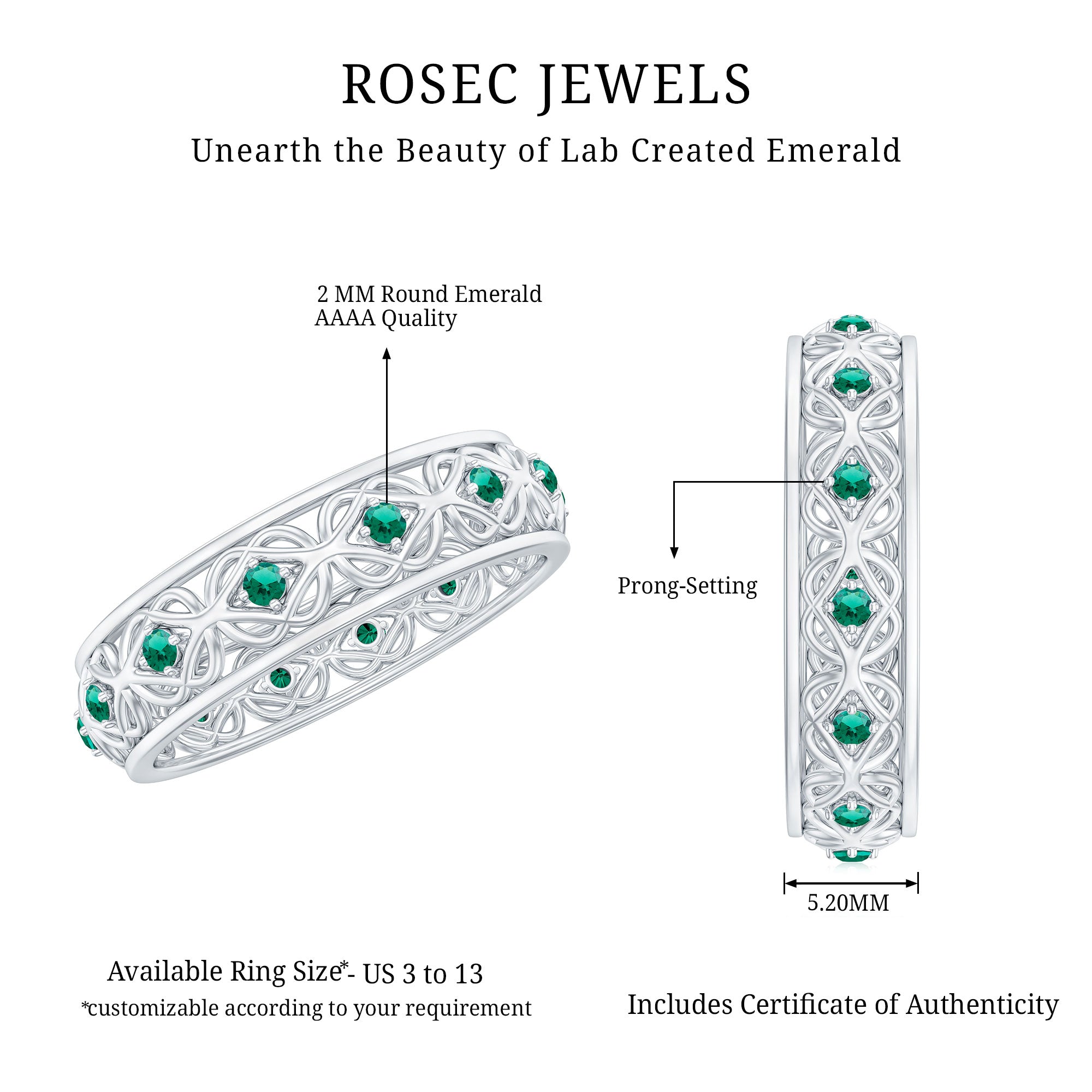 Rosec Jewels-Vintage Looking Lab Grown Emerald Wedding Band for Women