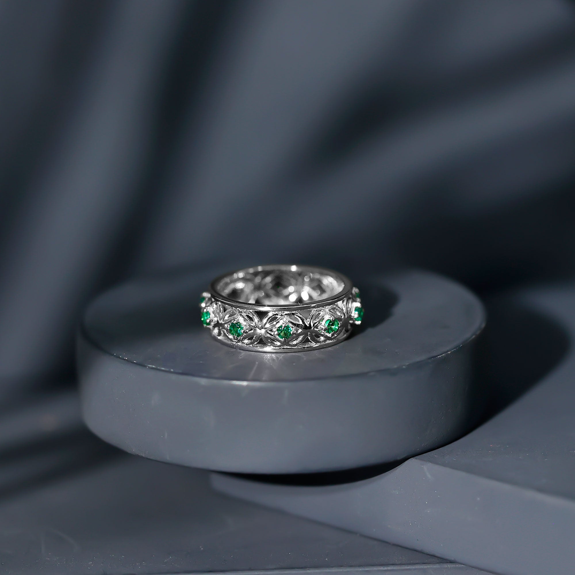 Rosec Jewels-Vintage Looking Lab Grown Emerald Wedding Band for Women