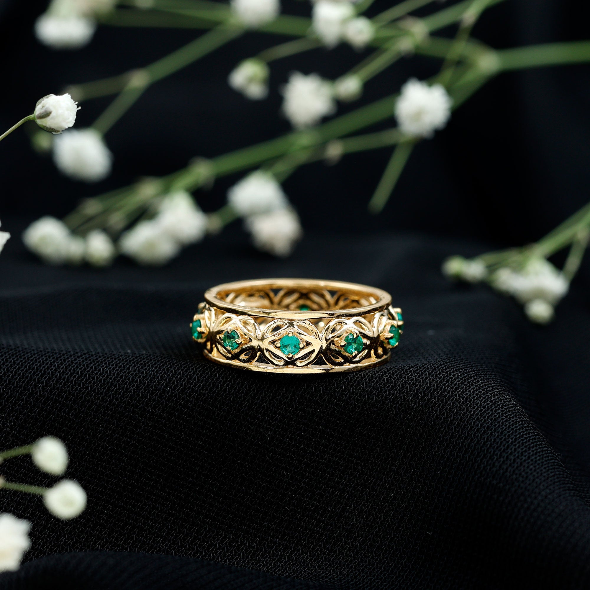 Rosec Jewels-Vintage Looking Lab Grown Emerald Wedding Band for Women