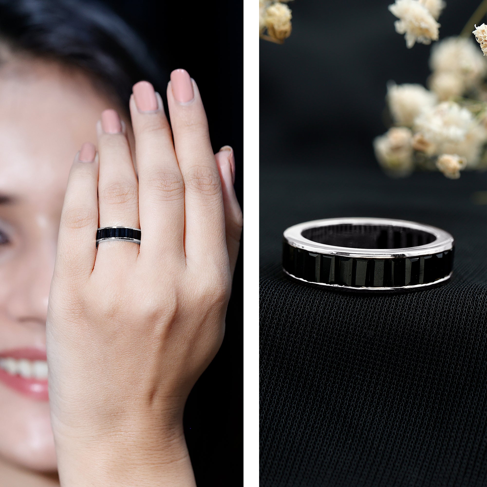 Baguette Cut Black Onyx Wedding Band in Channel Setting AAA - Rosec Jewels