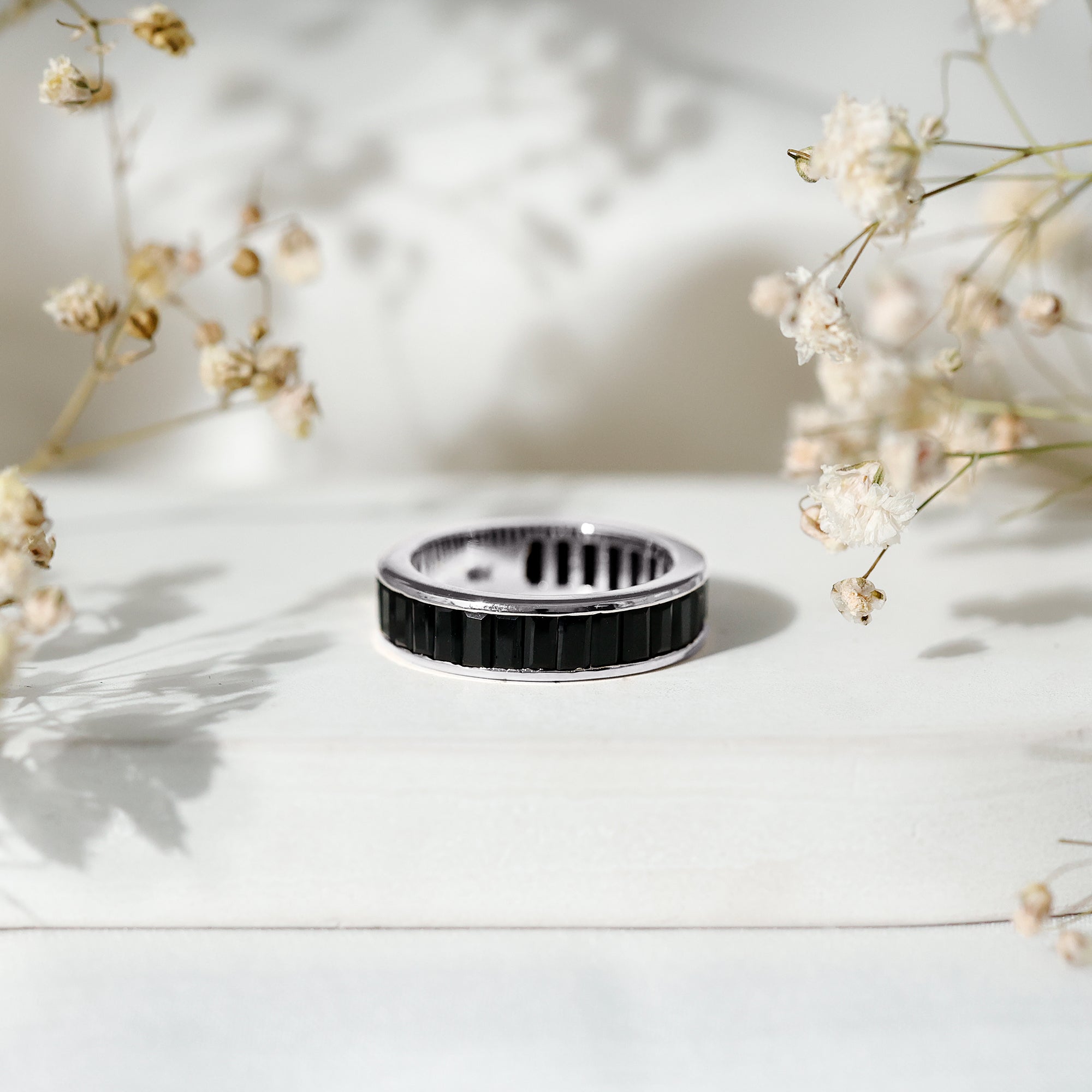 Baguette Cut Black Onyx Wedding Band in Channel Setting AAA - Rosec Jewels