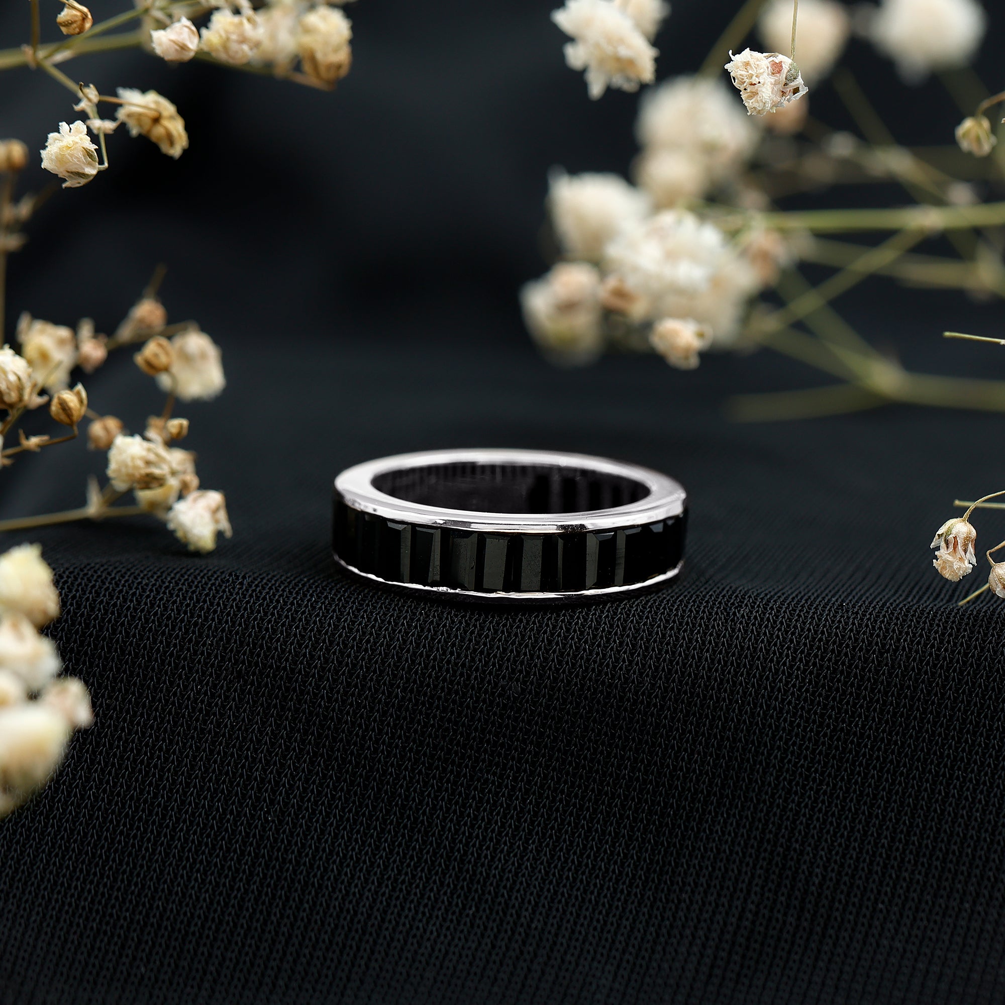 Baguette Cut Black Onyx Wedding Band in Channel Setting AAA - Rosec Jewels