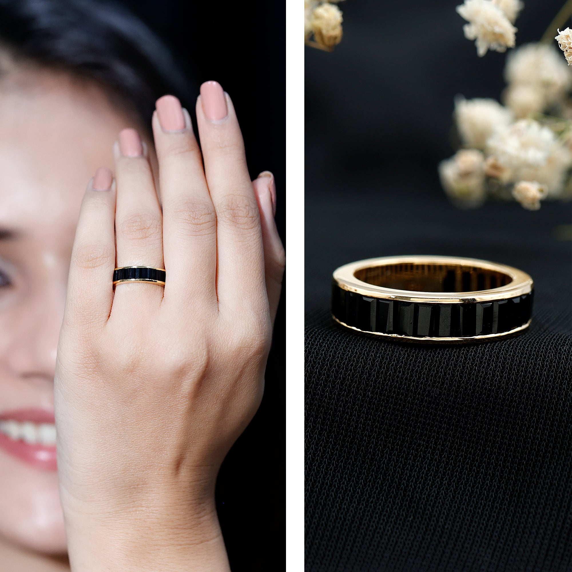 Baguette Cut Black Onyx Wedding Band in Channel Setting AAA - Rosec Jewels