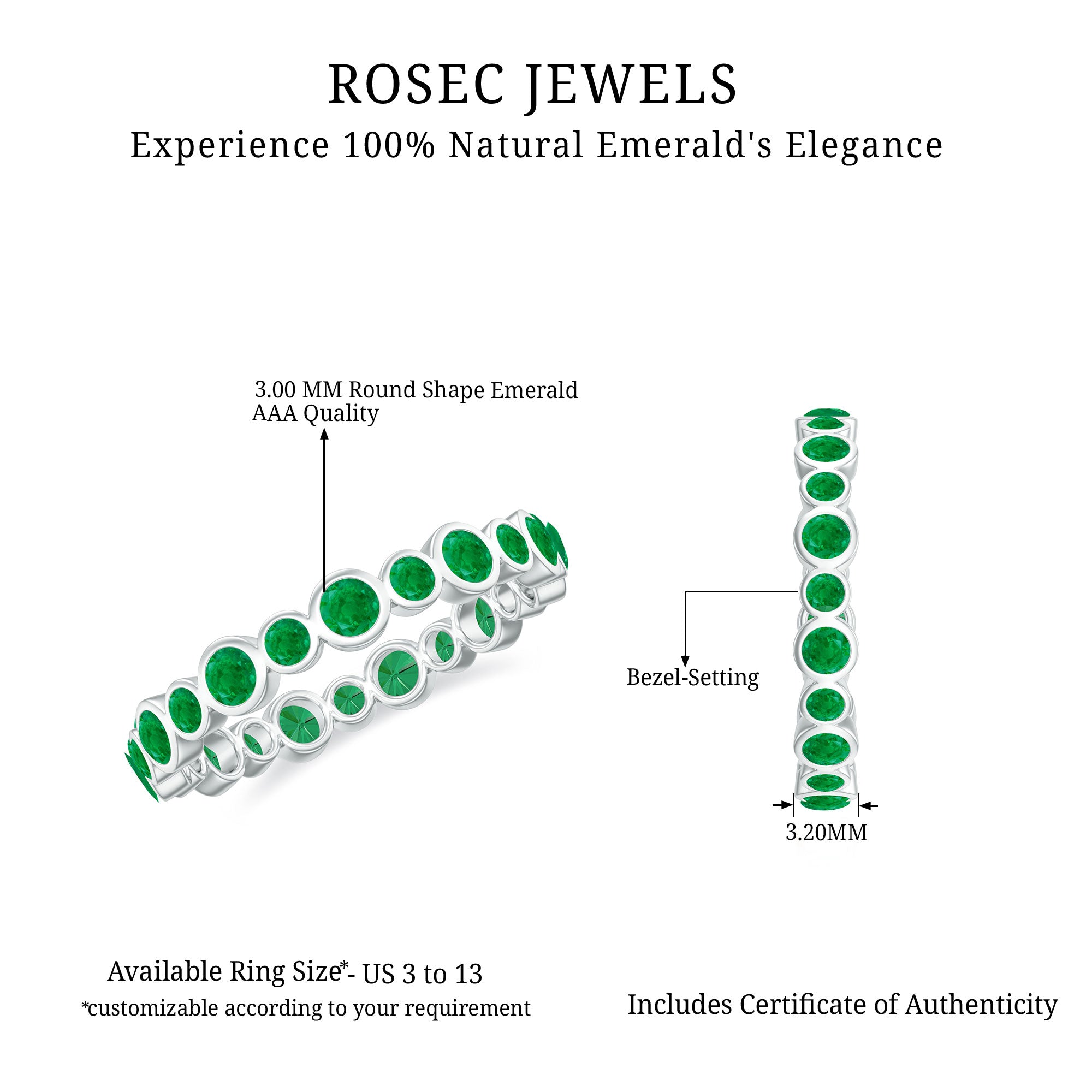 Emerald Full Eternity Band Ring in Bezel Setting AAA - Rosec Jewels