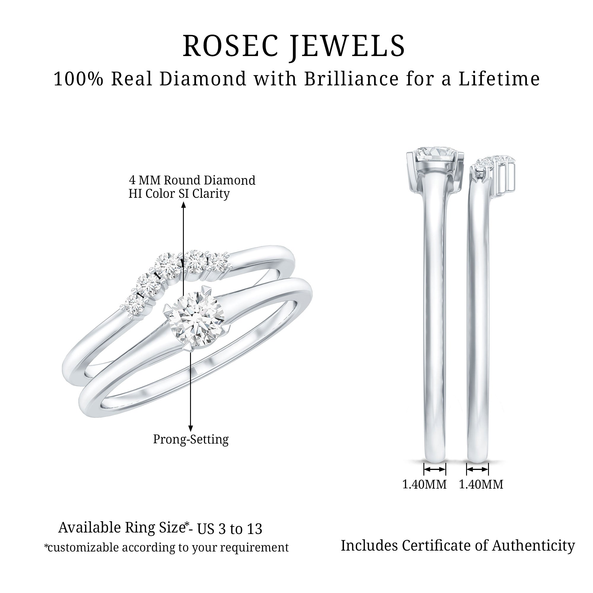 Real Diamond Minimal Wedding Ring Set Natural - ( HI-SI ) - Rosec Jewels