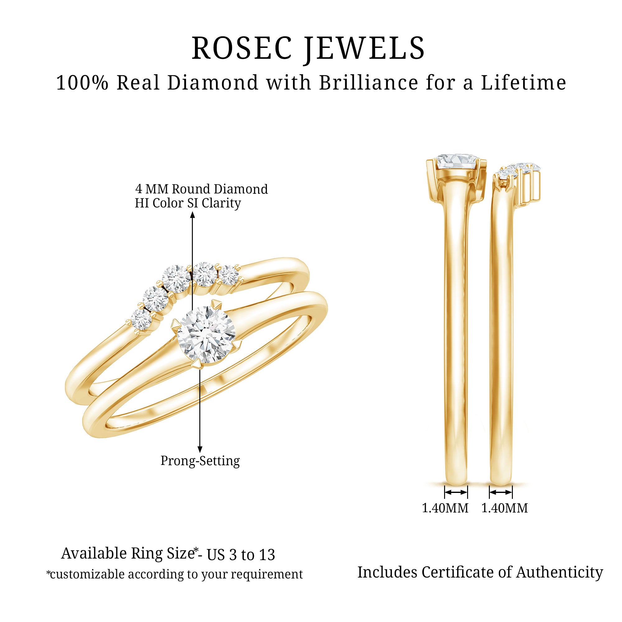 Real Diamond Minimal Wedding Ring Set Natural - ( HI-SI ) - Rosec Jewels