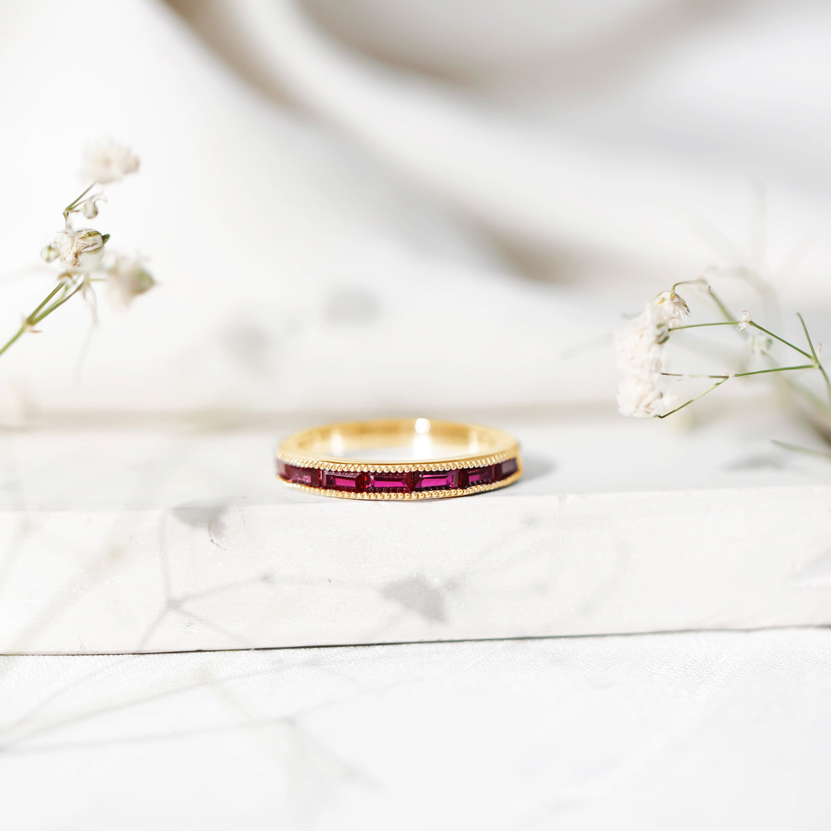 Minimalist Baguette Cut Lab Created Ruby Eternity Ring in Channel Setting AAAA - Rosec Jewels