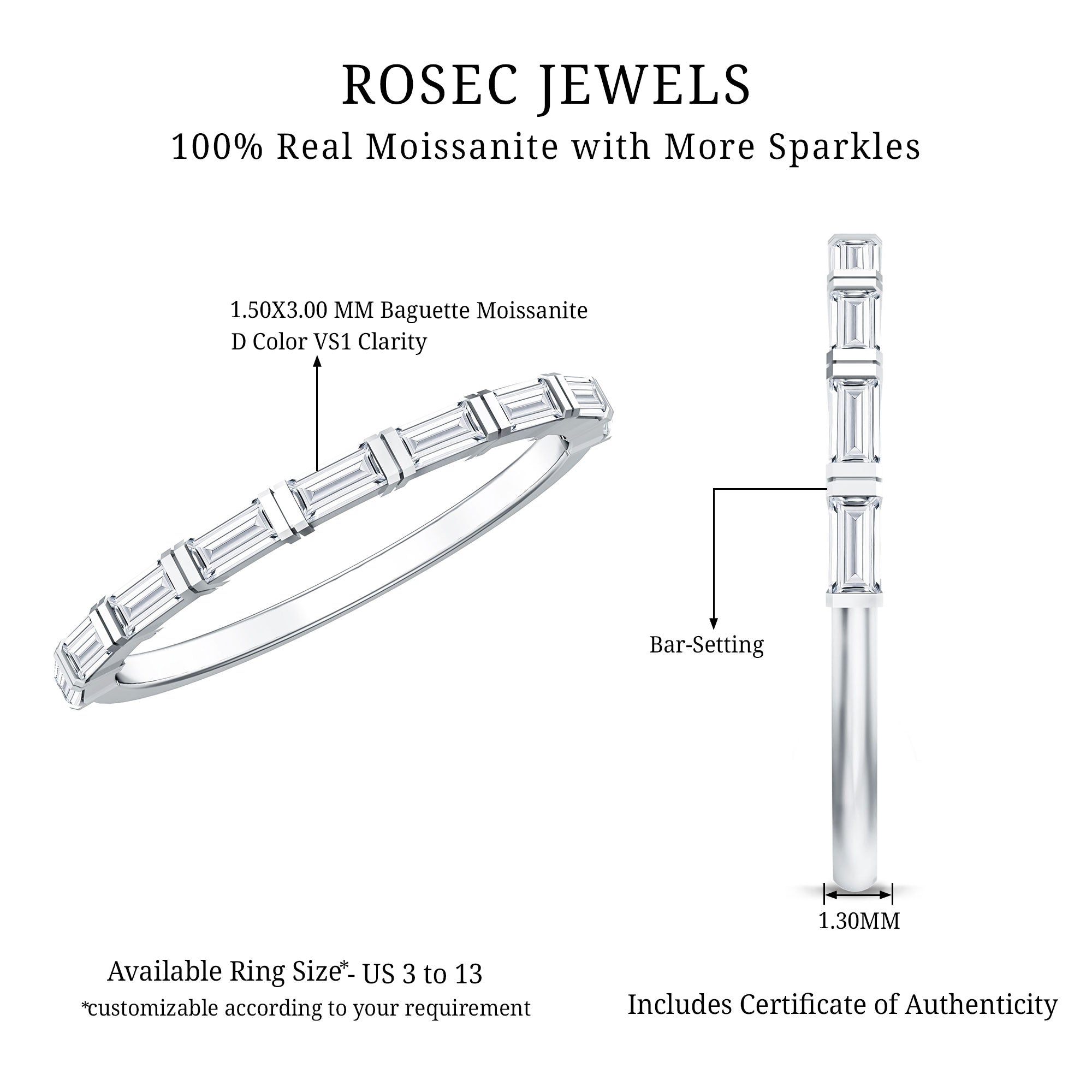 Bar Set Moissanite Eternity East West Ring D-VS1 - Rosec Jewels